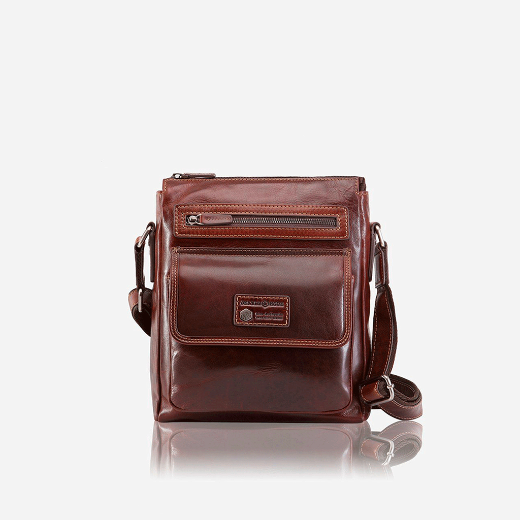 Crossbody Organiser Bag in Tobacco color with zip top and RFID pocket, ideal for secure travel and everyday use.