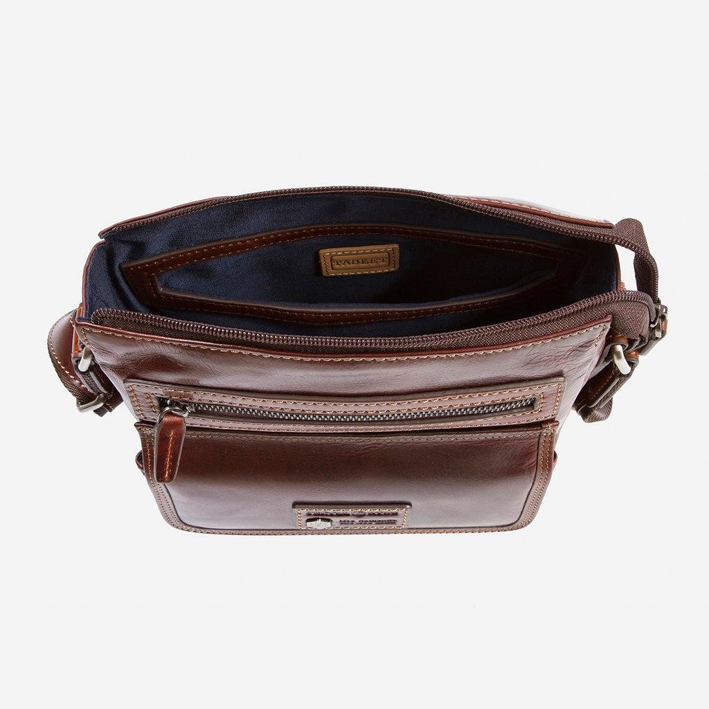 Crossbody Organiser Bag in Tobacco color with zip top and RFID pocket, ideal for secure travel and everyday use.