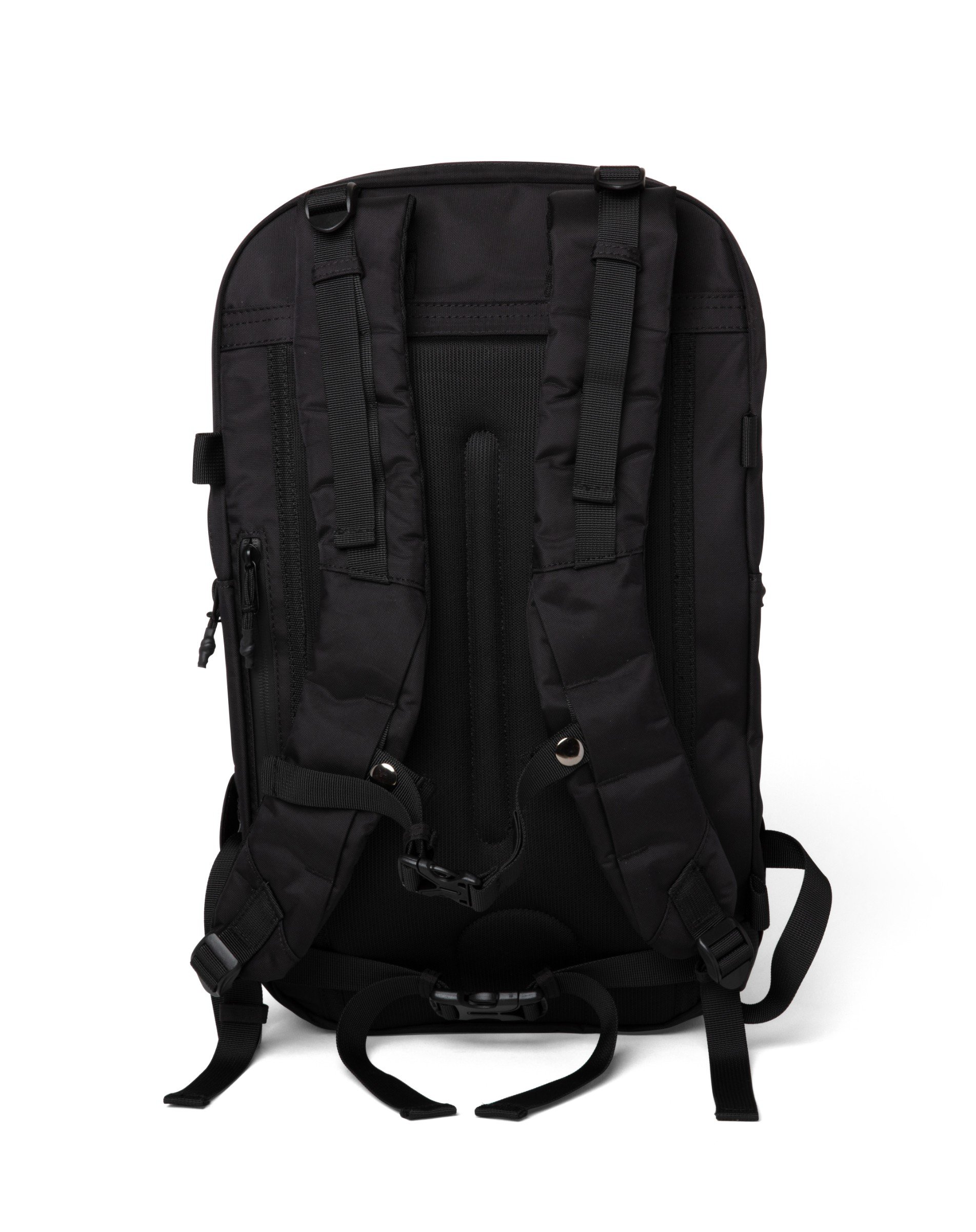 Cus Black Backpack featuring water-repellent nylon, spacious compartments, and removable accessories for versatile use.