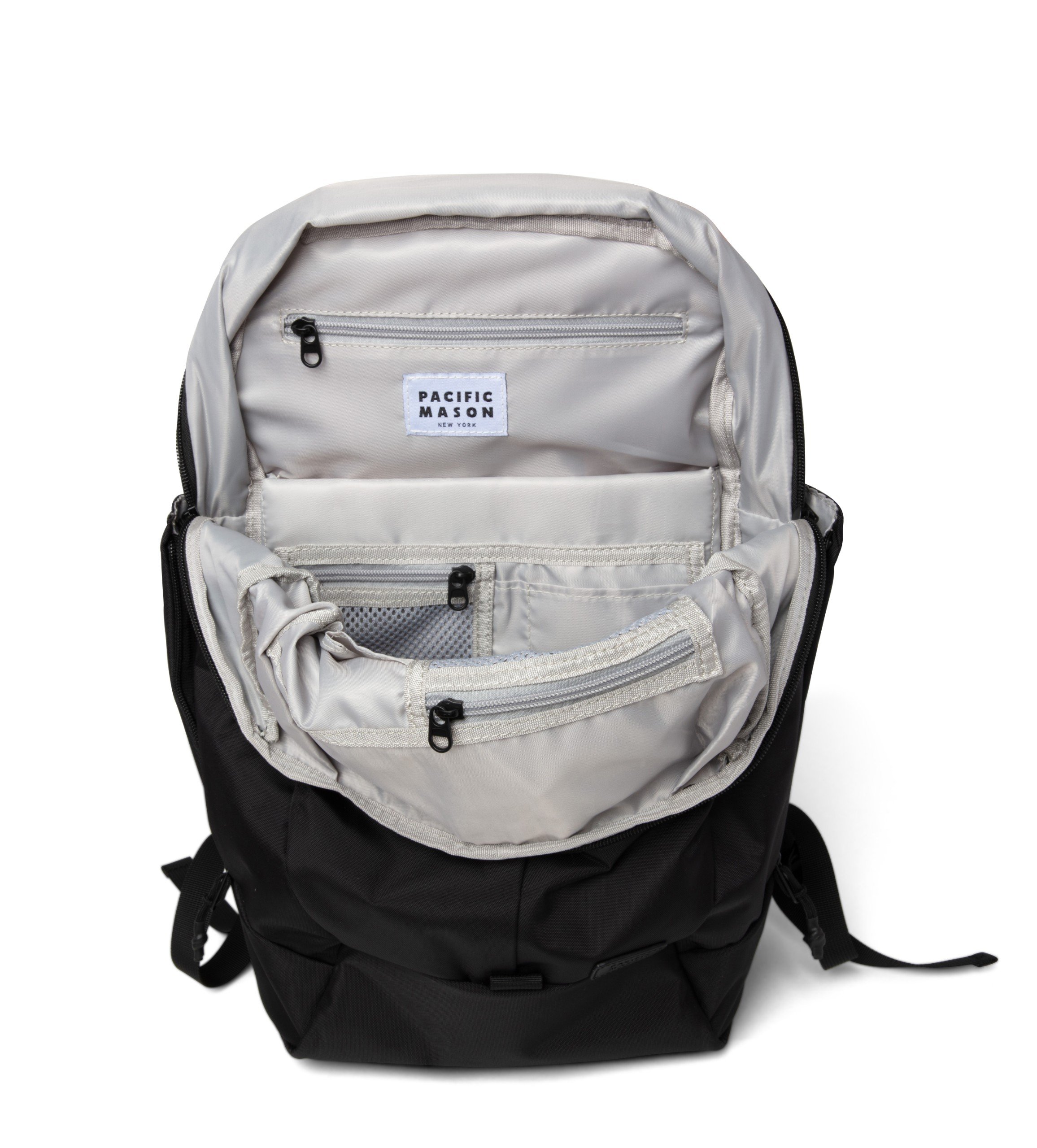 Cus Black Backpack featuring water-repellent nylon, spacious compartments, and removable accessories for versatile use.