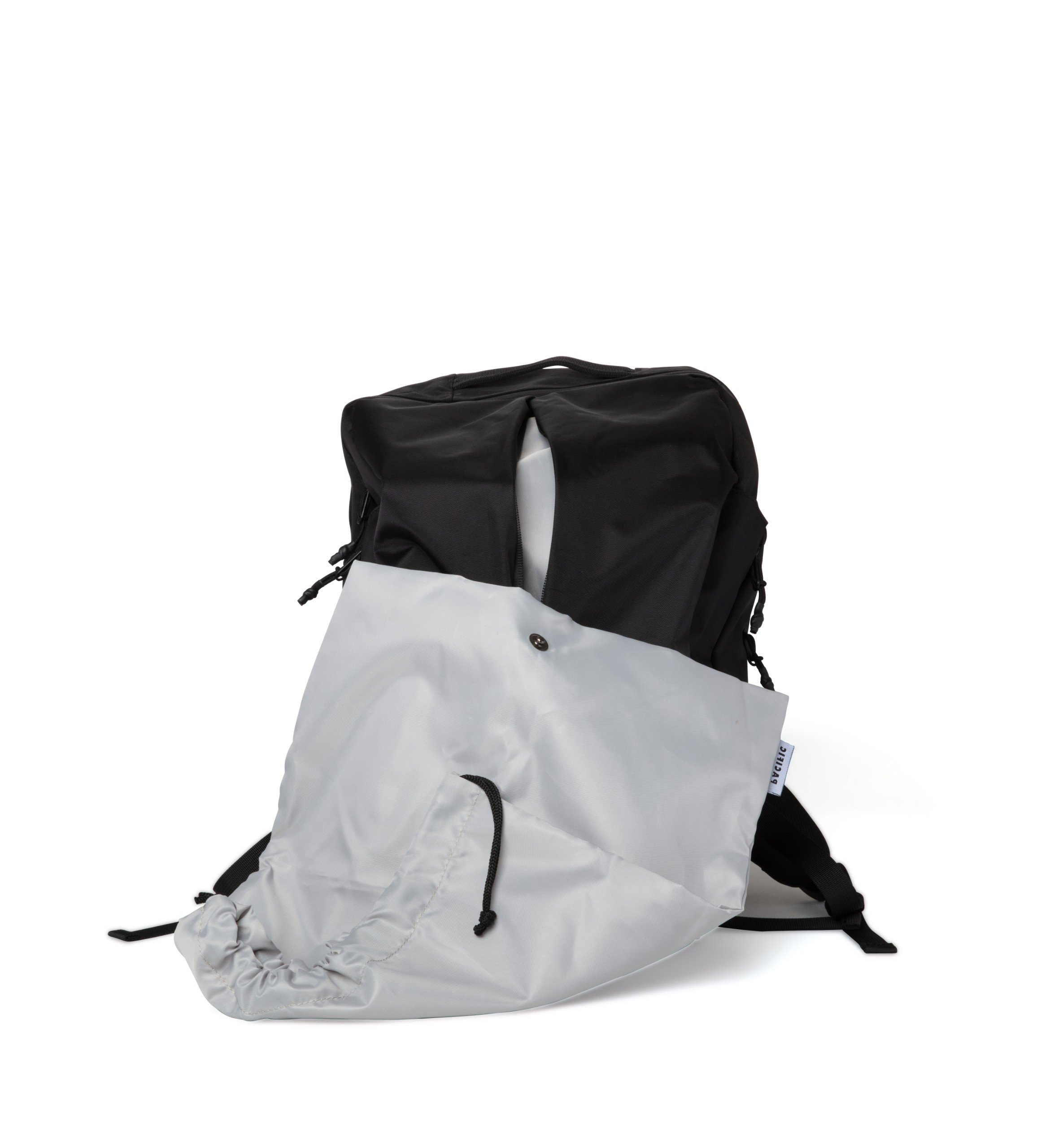 Cus Black Backpack featuring water-repellent nylon, spacious compartments, and removable accessories for versatile use.