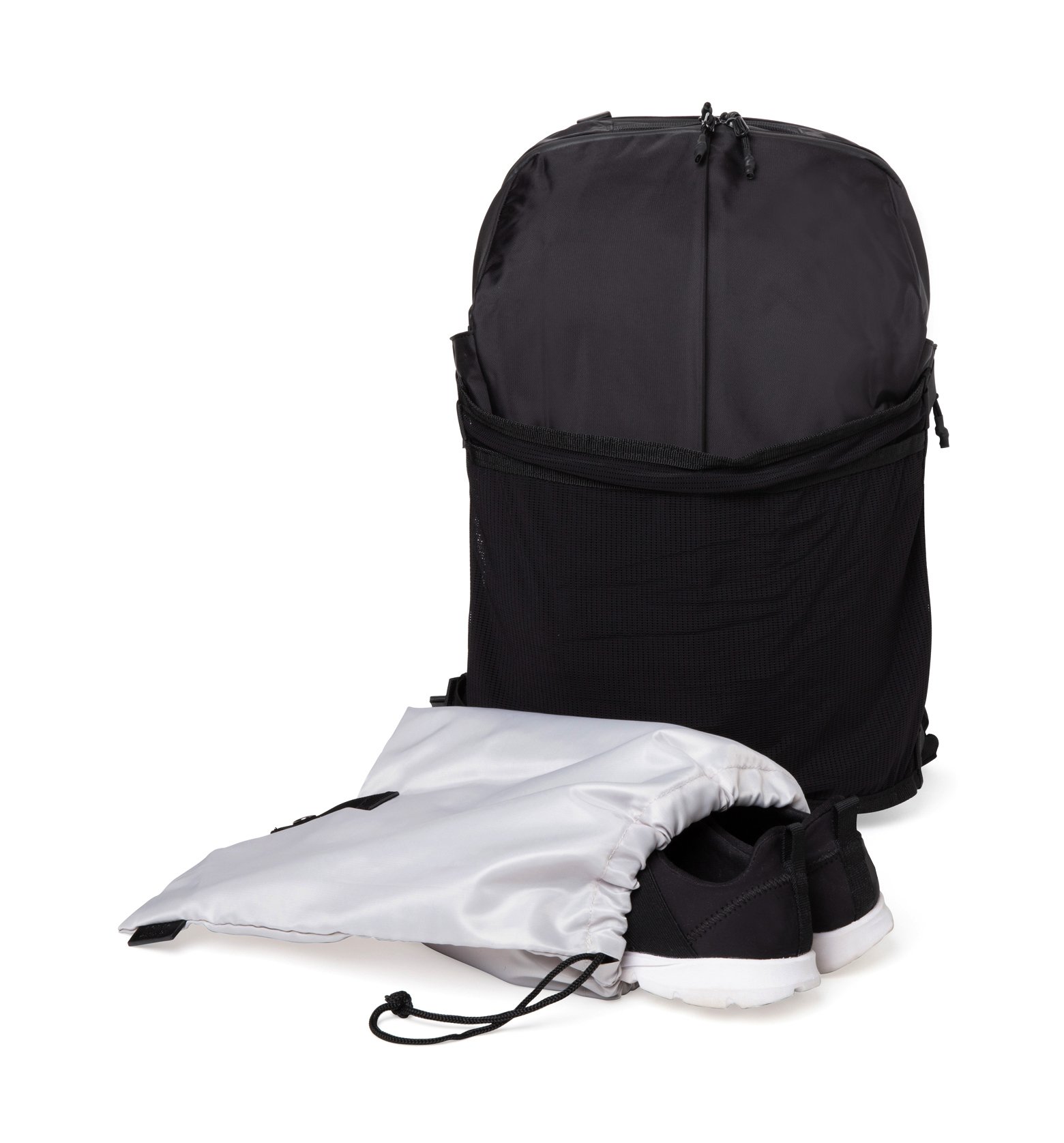 Cus Black Backpack featuring water-repellent nylon, spacious compartments, and removable accessories for versatile use.