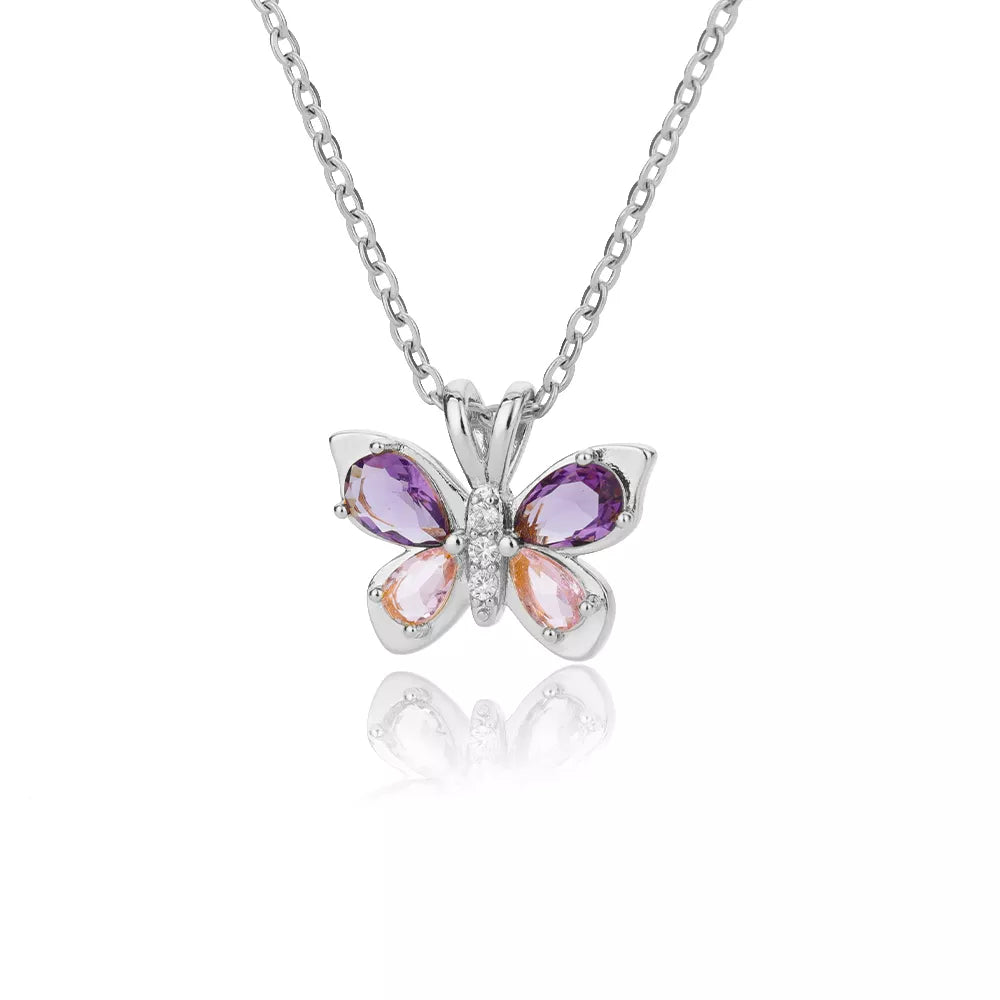 A delicate Cute Crystal Butterfly Necklace featuring a sparkling butterfly pendant on a stainless steel link chain, perfect for women.