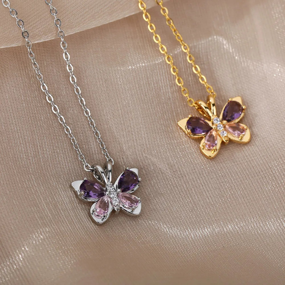 A delicate Cute Crystal Butterfly Necklace featuring a sparkling butterfly pendant on a stainless steel link chain, perfect for women.