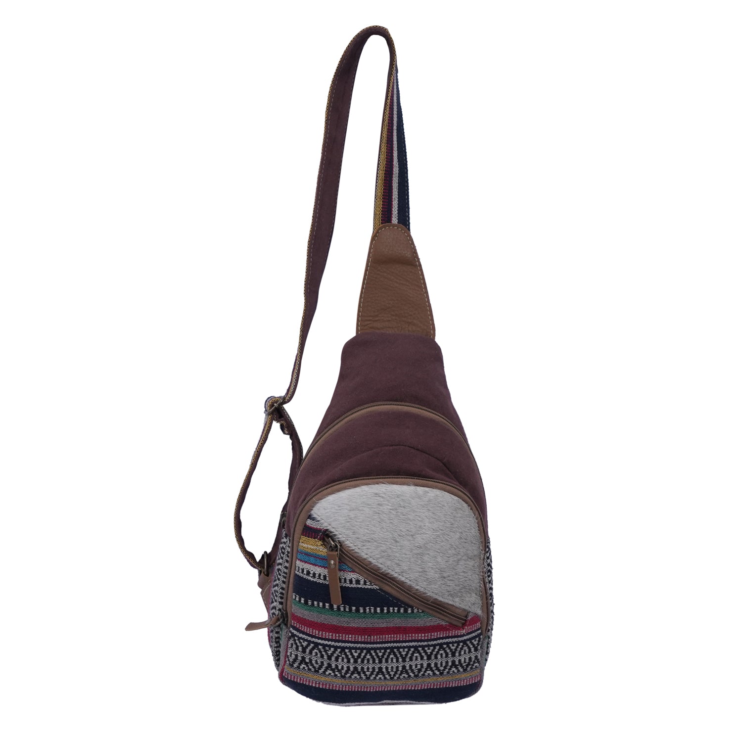 Dedio Fanny Pack made of cotton fabric, hairon, canvas, and leather, featuring multiple zippered pockets for storage.