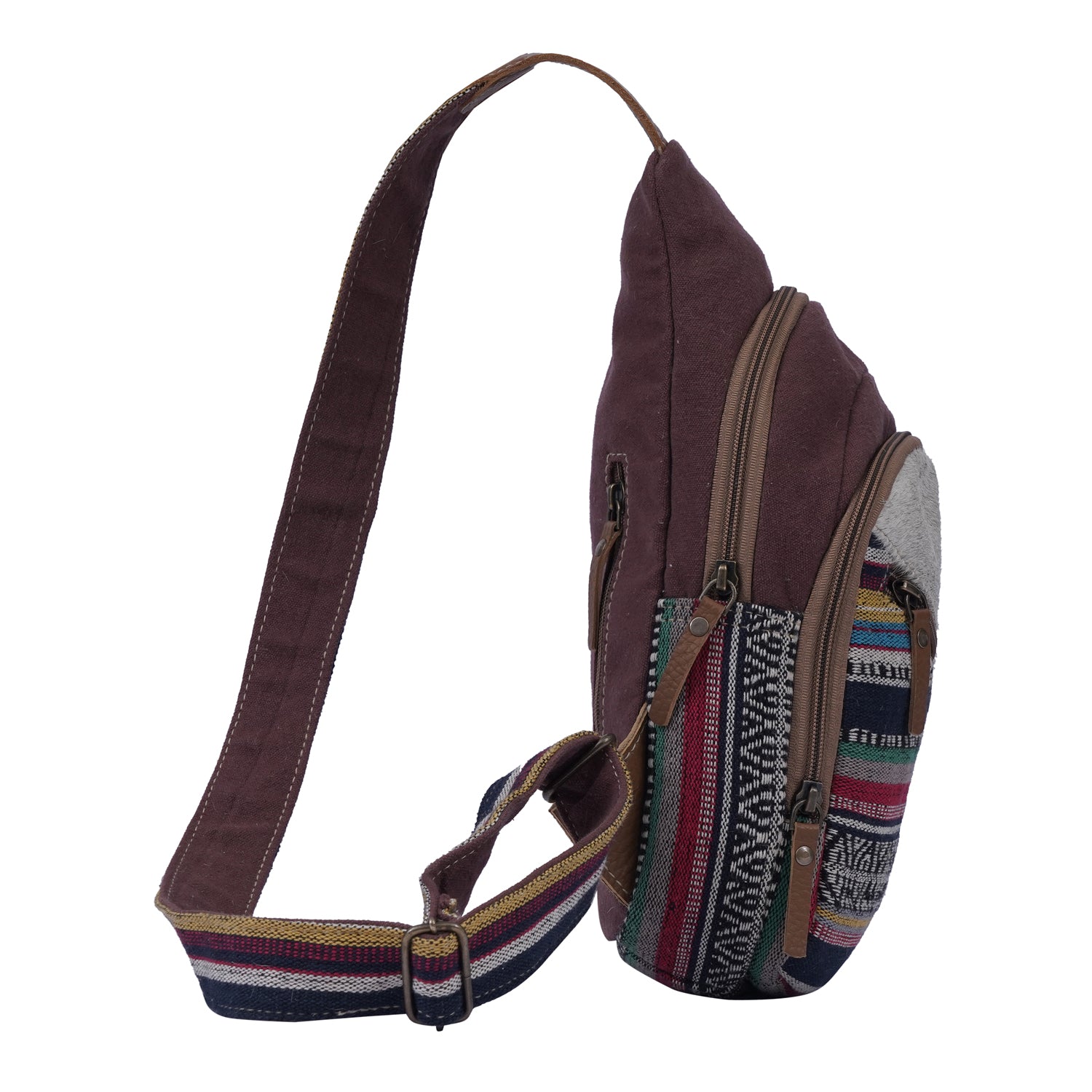 Dedio Fanny Pack made of cotton fabric, hairon, canvas, and leather, featuring multiple zippered pockets for storage.