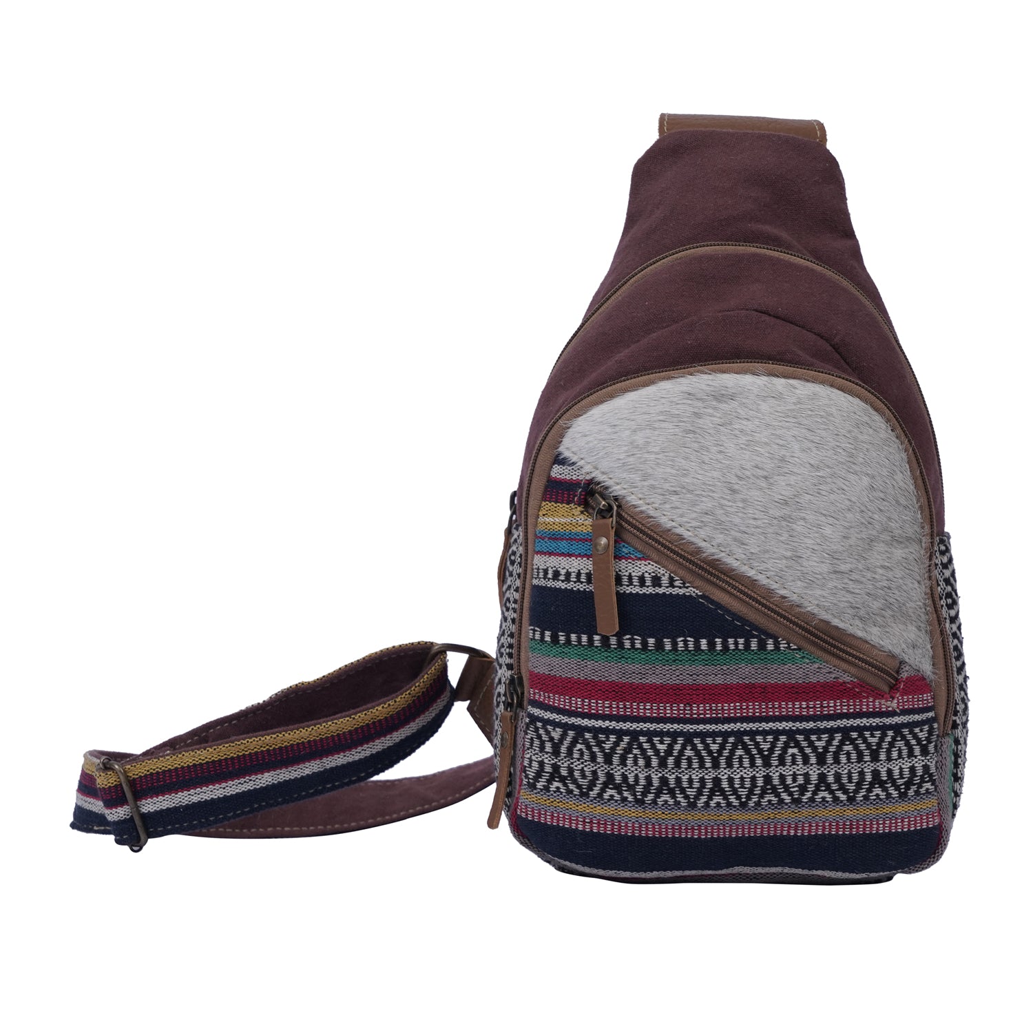 Dedio Fanny Pack made of cotton fabric, hairon, canvas, and leather, featuring multiple zippered pockets for storage.