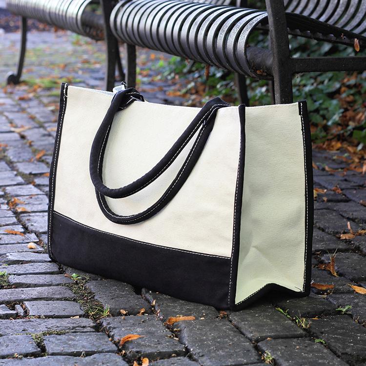 Deluxe Market Tote in heavyweight canvas with contrasting trim colors, featuring a boxy design and interior pocket.