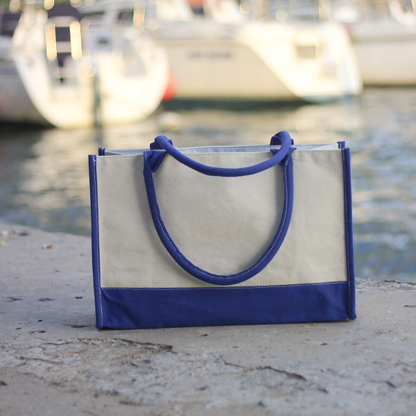 Deluxe Market Tote in heavyweight canvas with contrasting trim colors, featuring a boxy design and interior pocket.