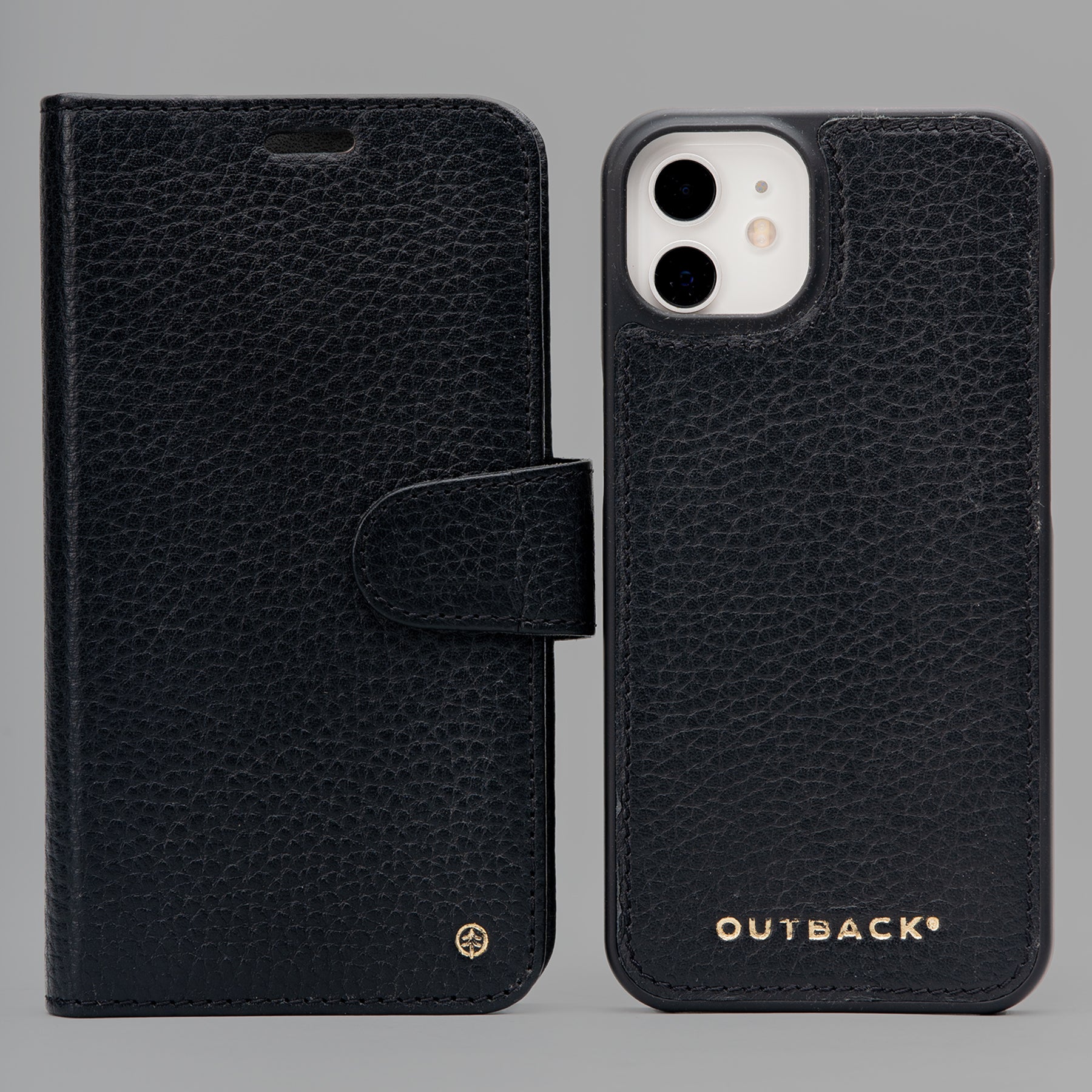 Detachable iPhone Case made from premium full-grain leather with credit card slots and currency pocket, showcasing its sleek design and antique brass hardware.