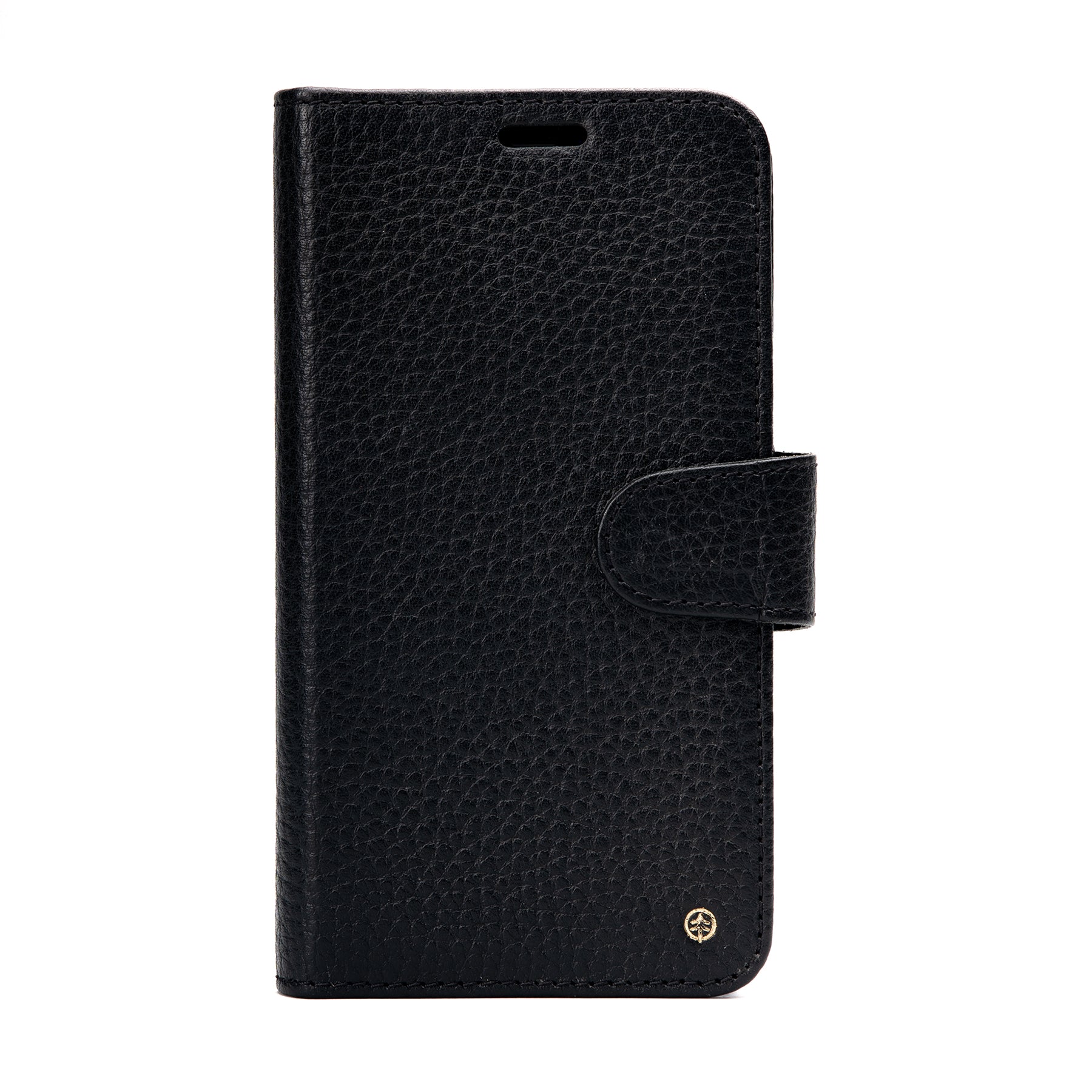 Detachable iPhone Case made from premium full-grain leather with credit card slots and currency pocket, showcasing its sleek design and antique brass hardware.