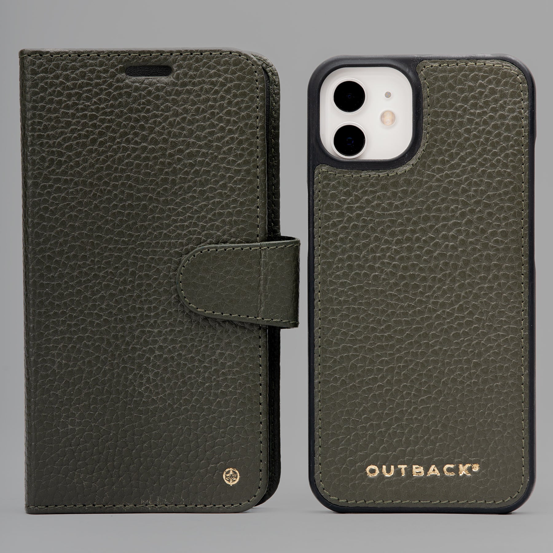 A stylish detachable iPhone case made of premium full-grain leather, featuring credit card slots and a currency pocket, showcasing its sleek design.