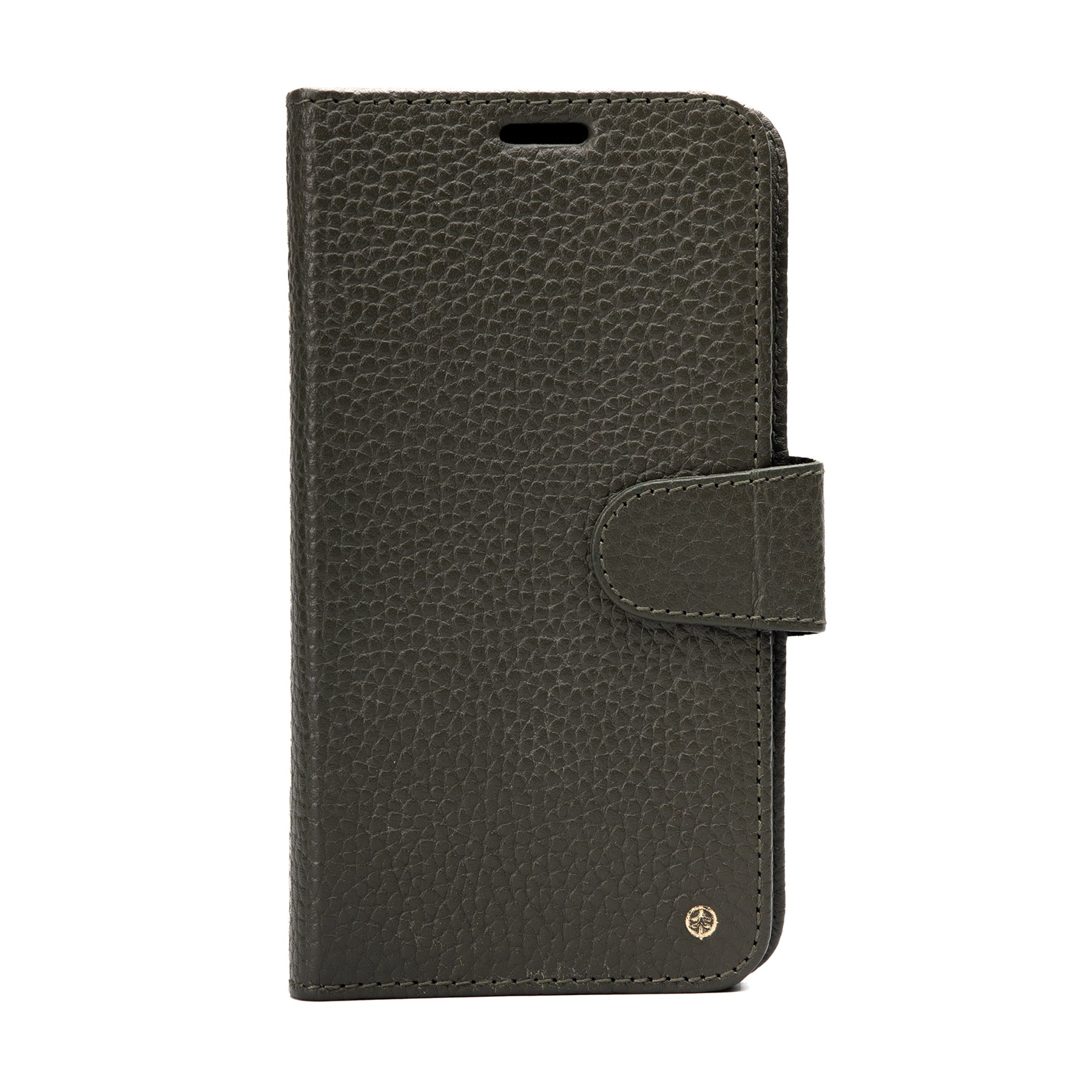 A stylish detachable iPhone case made of premium full-grain leather, featuring credit card slots and a currency pocket, showcasing its sleek design.