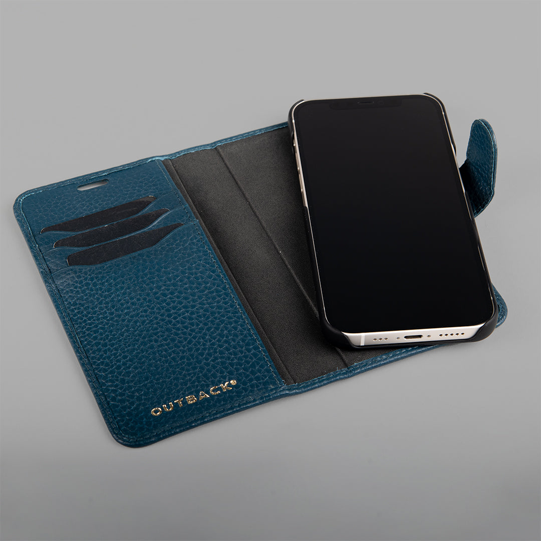 A stylish detachable iPhone case made of premium full grain leather, featuring credit card slots and a currency pocket, showcasing its sleek design.