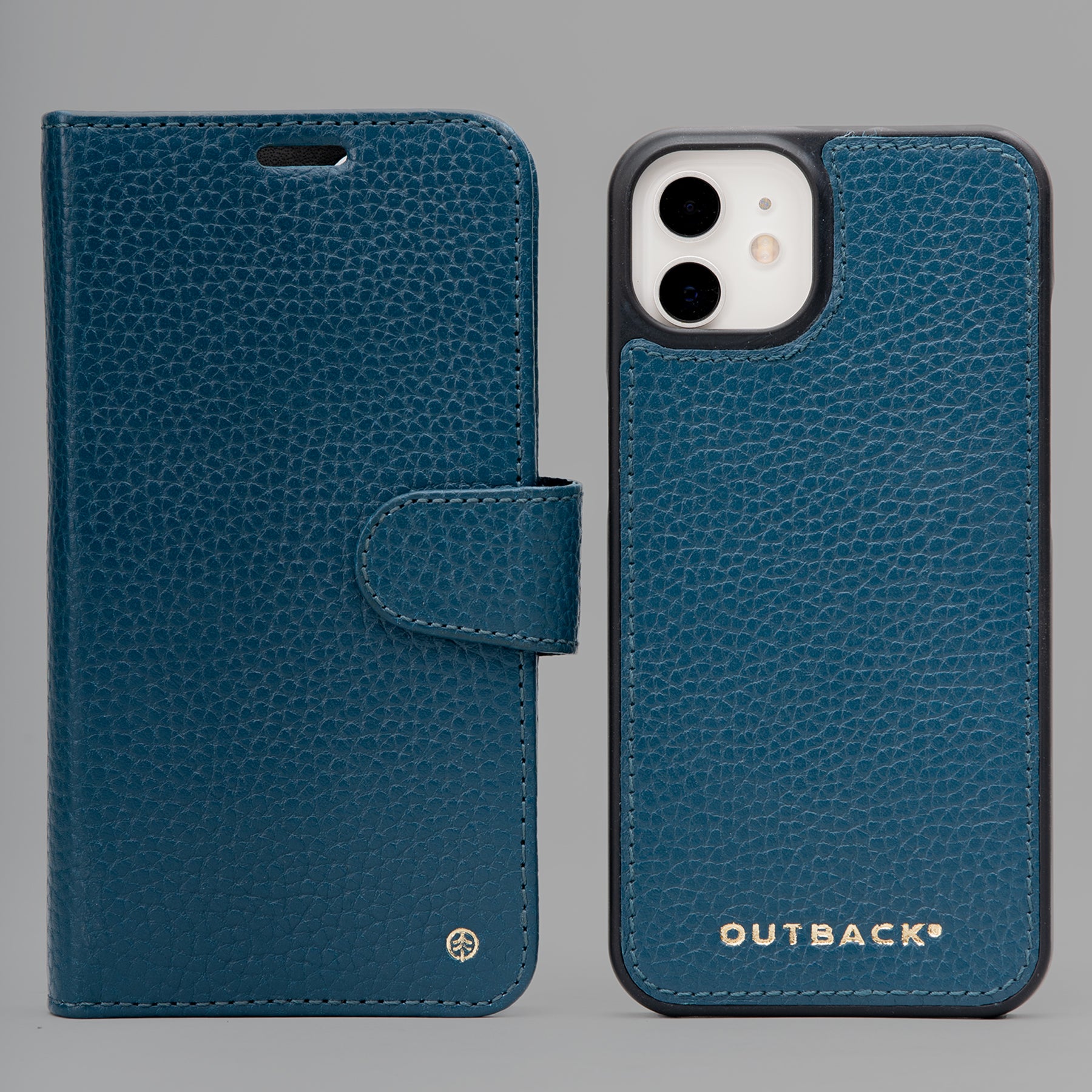 A stylish detachable iPhone case made of premium full grain leather, featuring credit card slots and a currency pocket, showcasing its sleek design.