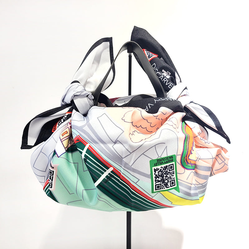 DiSCARVERY Wrap Bag featuring a colorful map print, designed for eco-friendly travel and shopping, showcasing QR codes for interactive experiences.