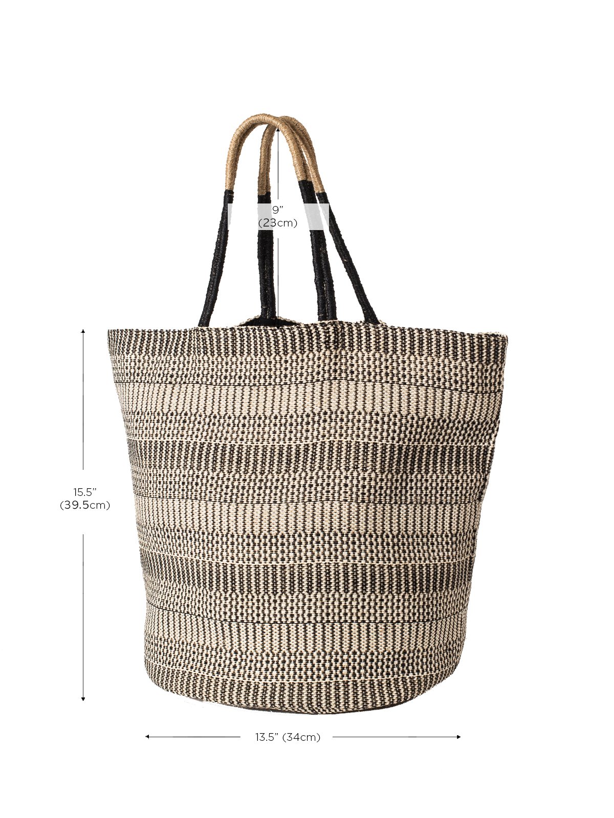 Dobi Shoulder Tote in Black, featuring a spacious round bottom and stylish handle, handcrafted from jute-cotton fabric.