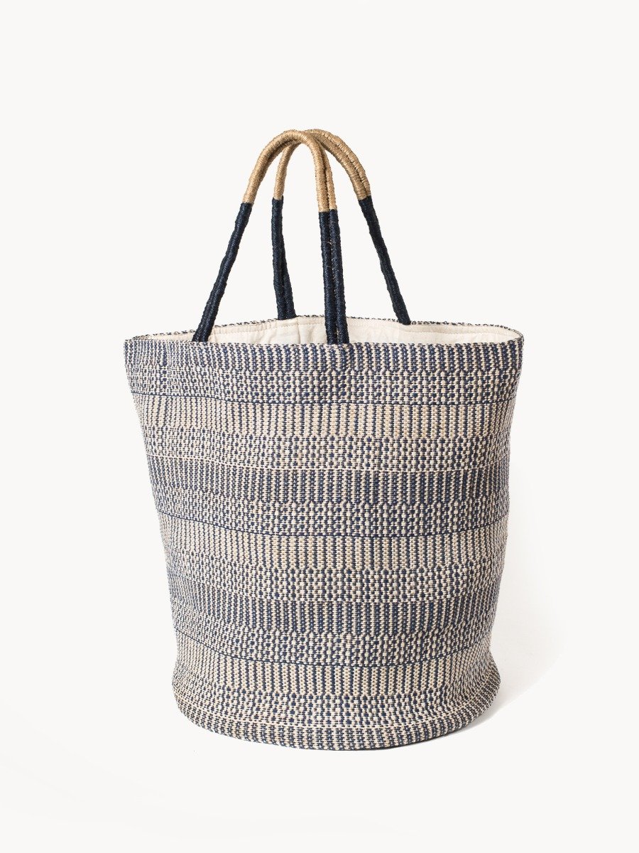 Dobi Shoulder Tote in Blue, spacious and stylish with a round bottom design, handmade from jute-cotton fabric.