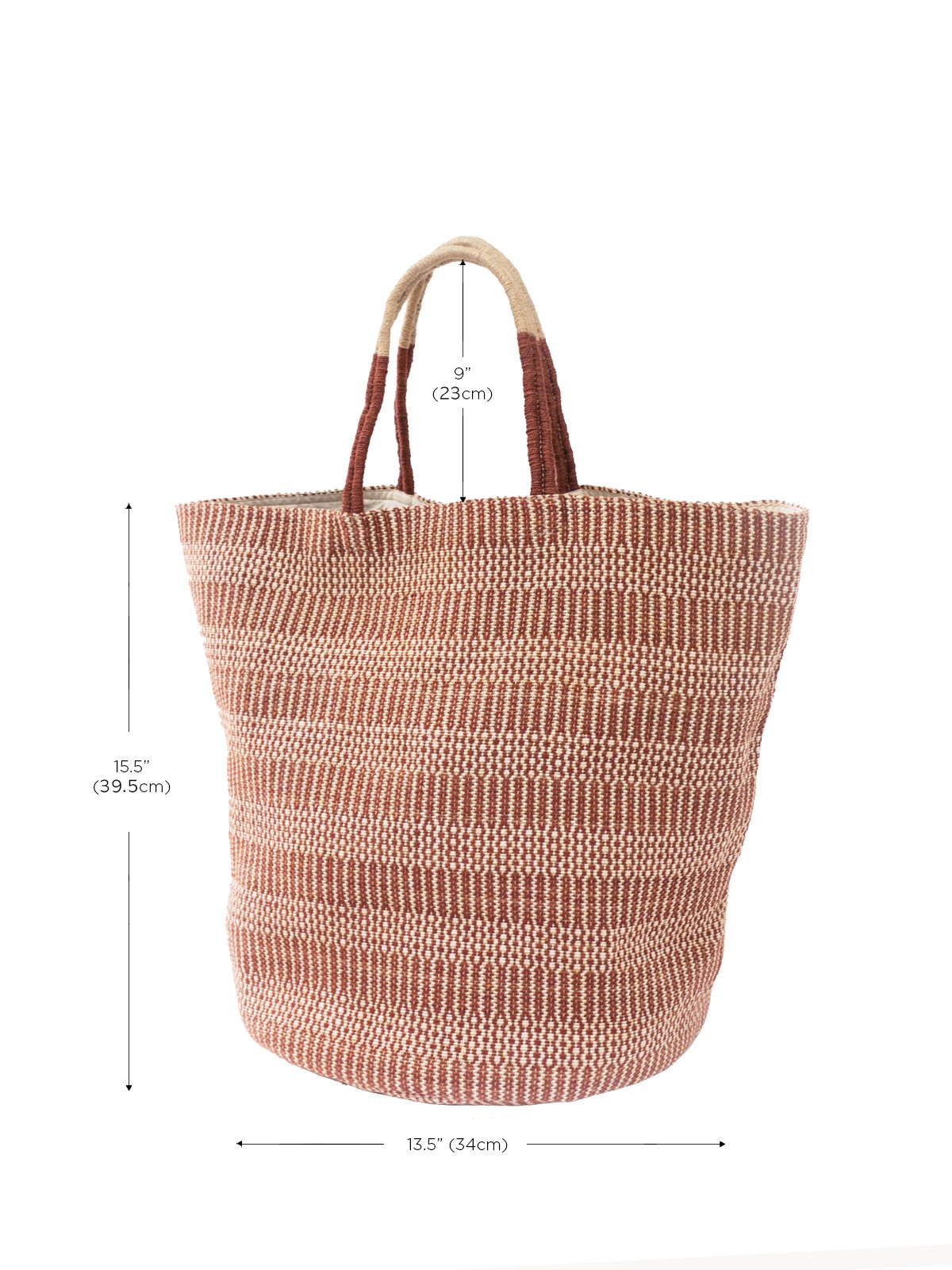 Dobi Shoulder Tote in Brown, featuring a spacious design and round bottom, handmade from jute-cotton fabric with off-white handle accents.