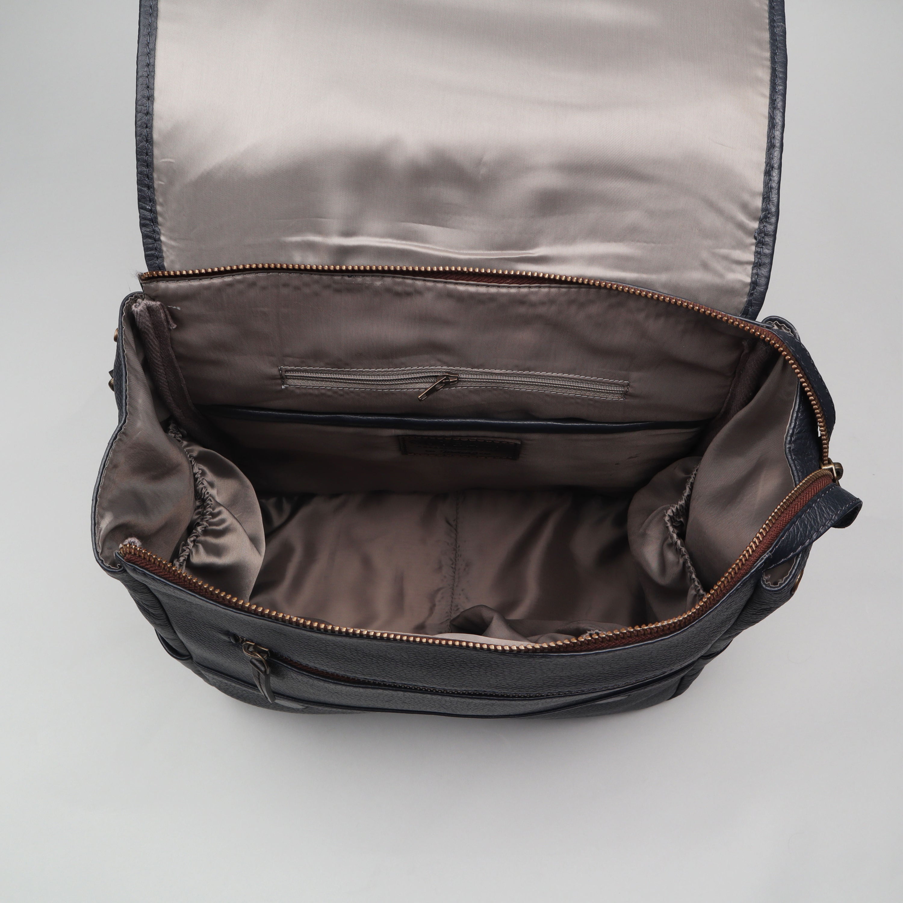 Donna Leather Diaper Bag in premium full grain leather with multiple pockets and stylish design.