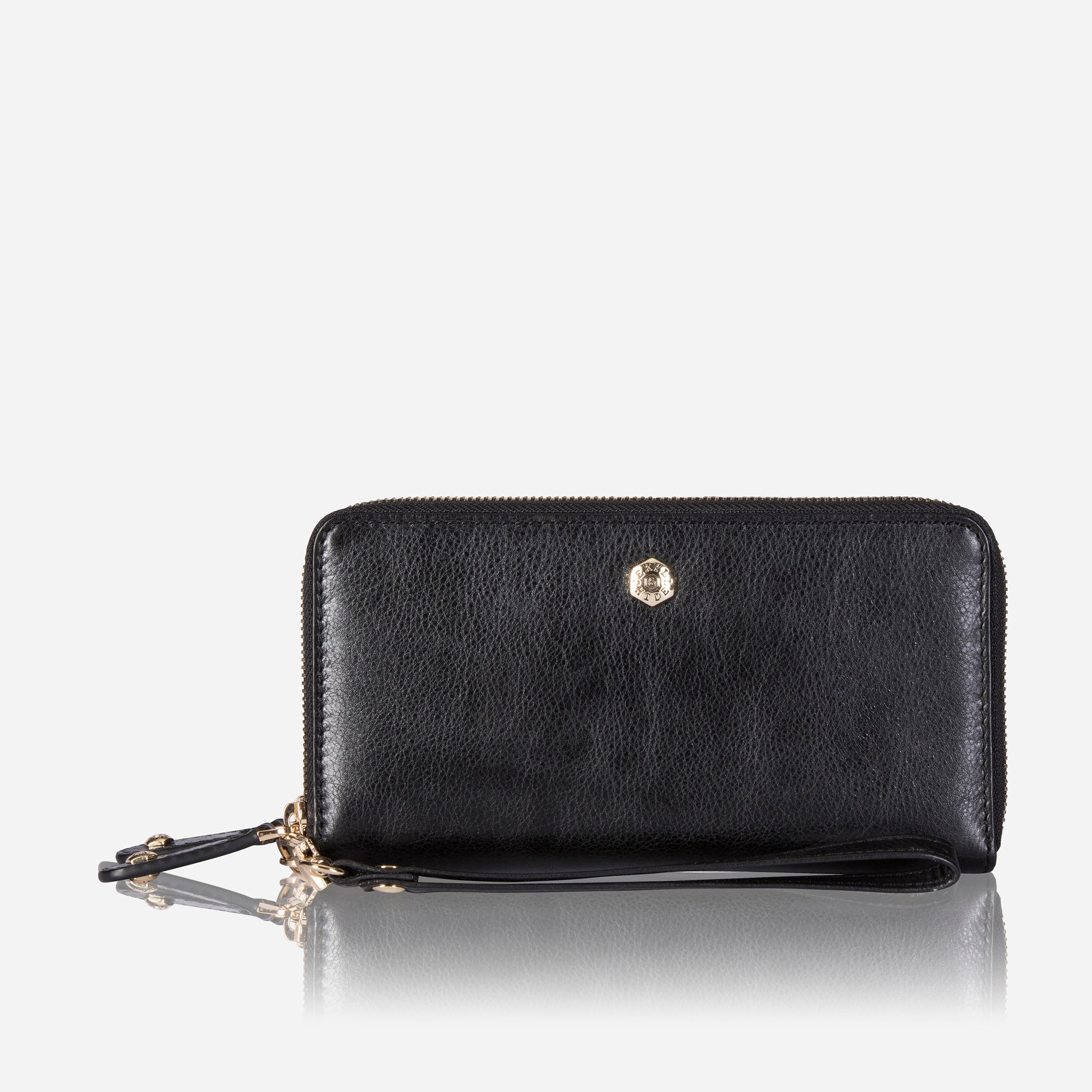 Elegant black double zip wristlet purse, showcasing its stylish design and functional compartments.