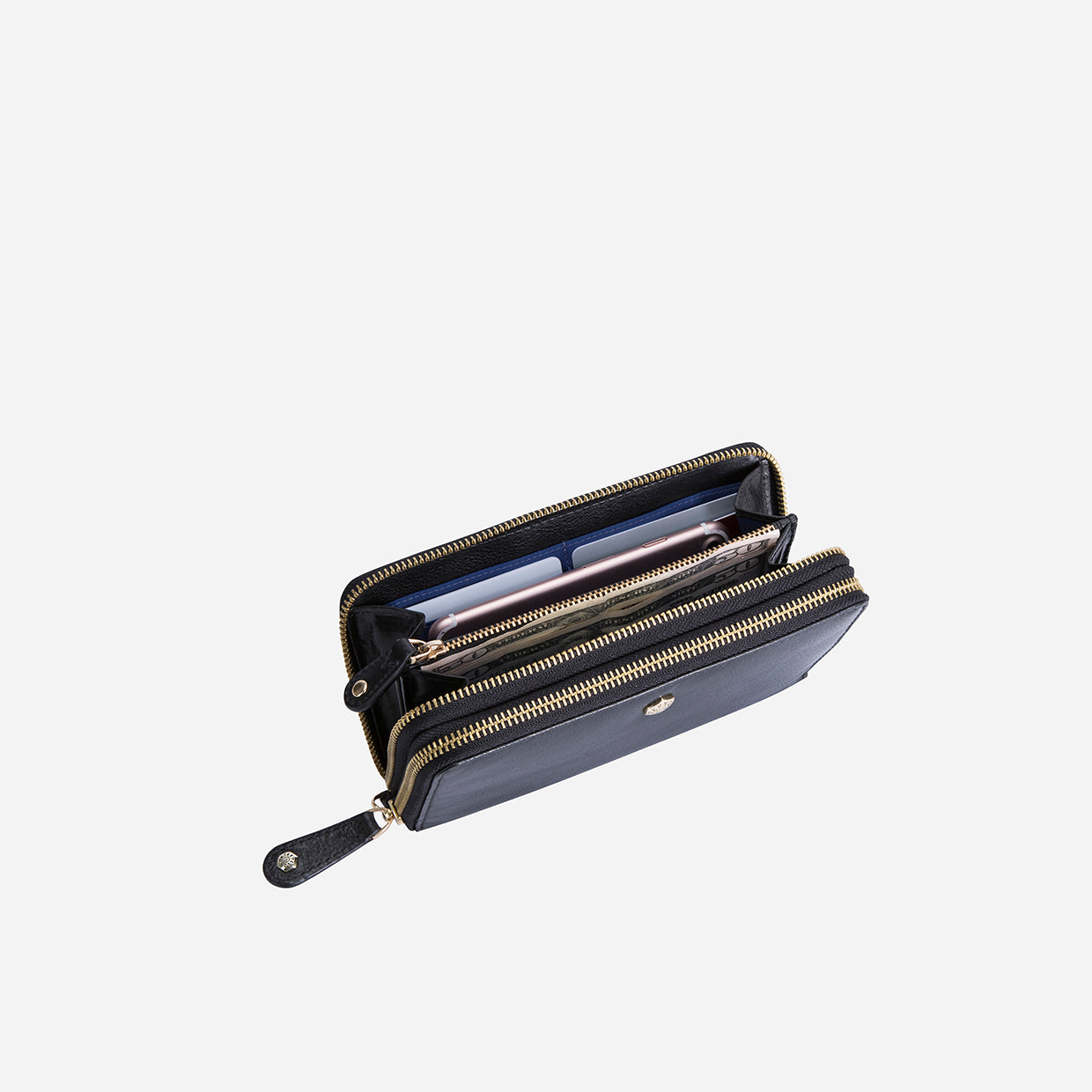 Elegant black double zip wristlet purse, showcasing its stylish design and functional compartments.