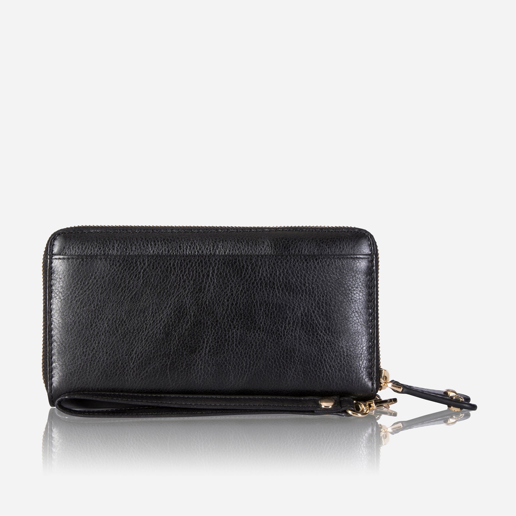 Elegant black double zip wristlet purse, showcasing its stylish design and functional compartments.