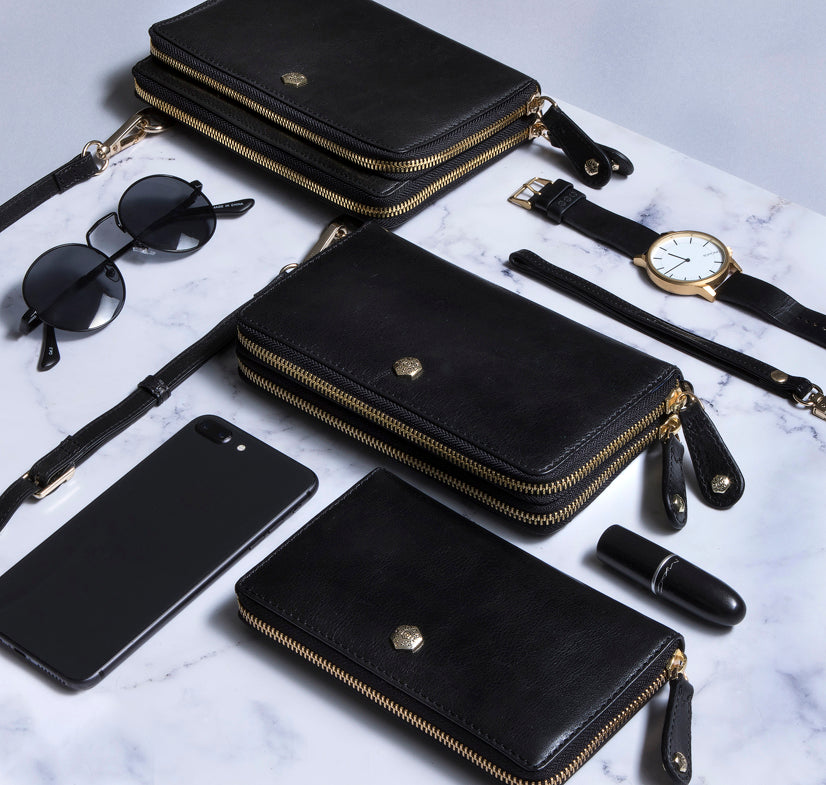 Elegant black double zip wristlet purse, showcasing its stylish design and functional compartments.