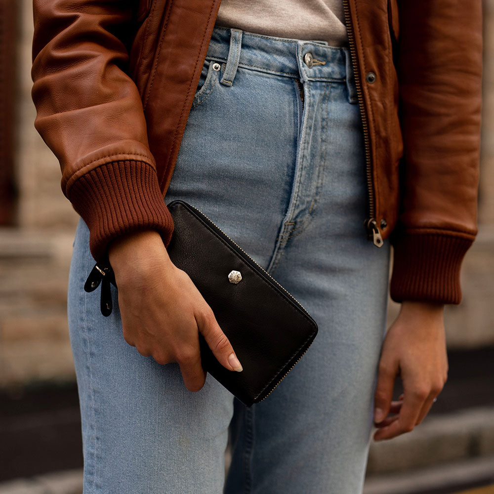 Elegant black double zip wristlet purse, showcasing its stylish design and functional compartments.