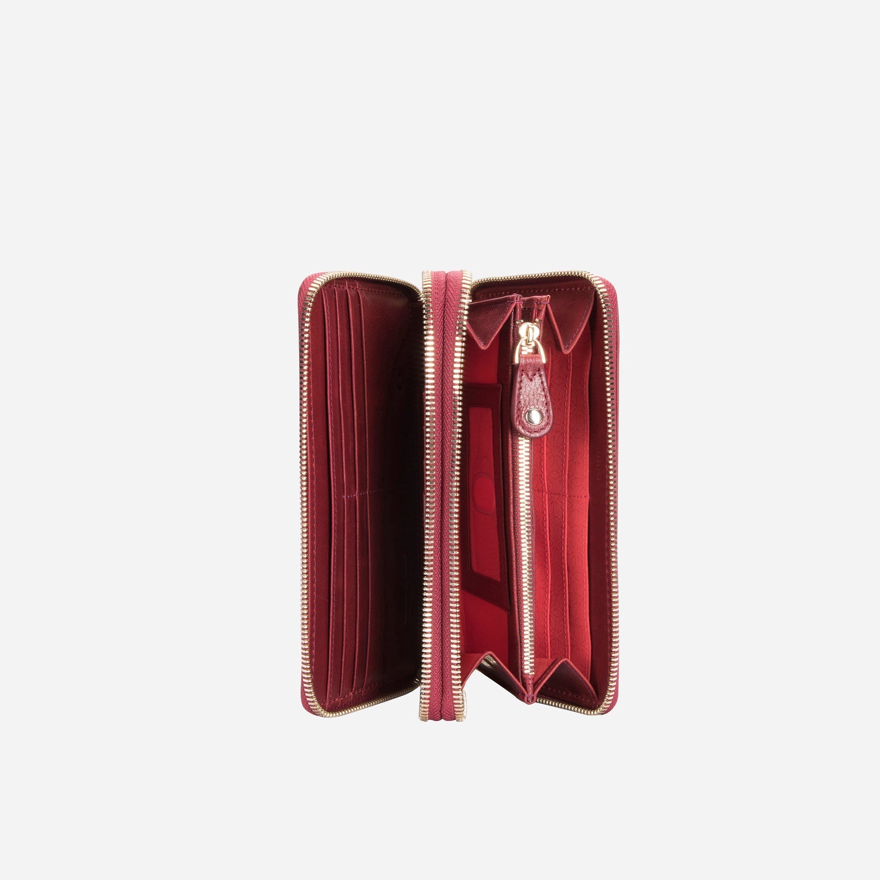 A stylish red Double Zip Wristlet Purse with two zippered compartments, perfect for organizing essentials.