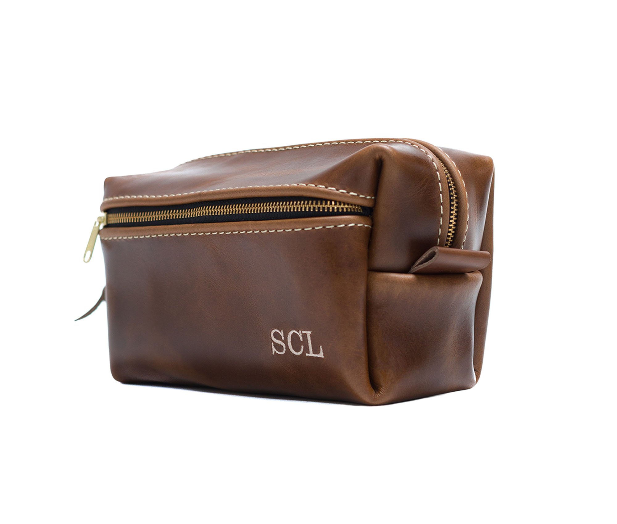 Double Zipper Toiletry Bag made from full grain leather with water-resistant lining and heavy-duty zippers, ideal for travel organization.