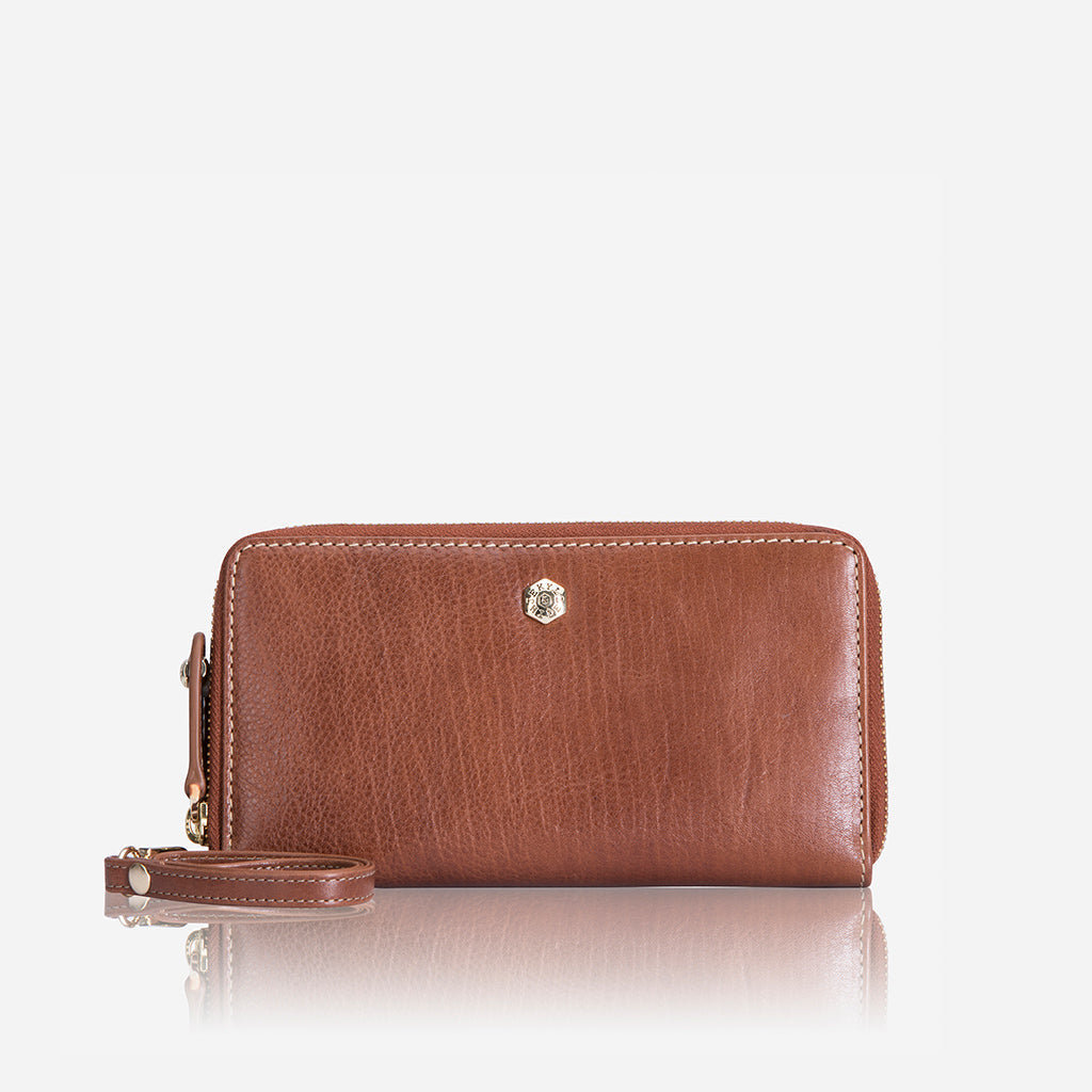 Double Zipper Wristlet Purse in Tan, showcasing its elegant design and double zipper feature.