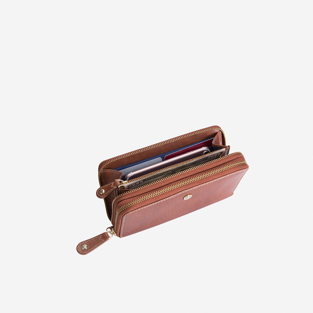 Double Zipper Wristlet Purse in Tan, showcasing its elegant design and double zipper feature.