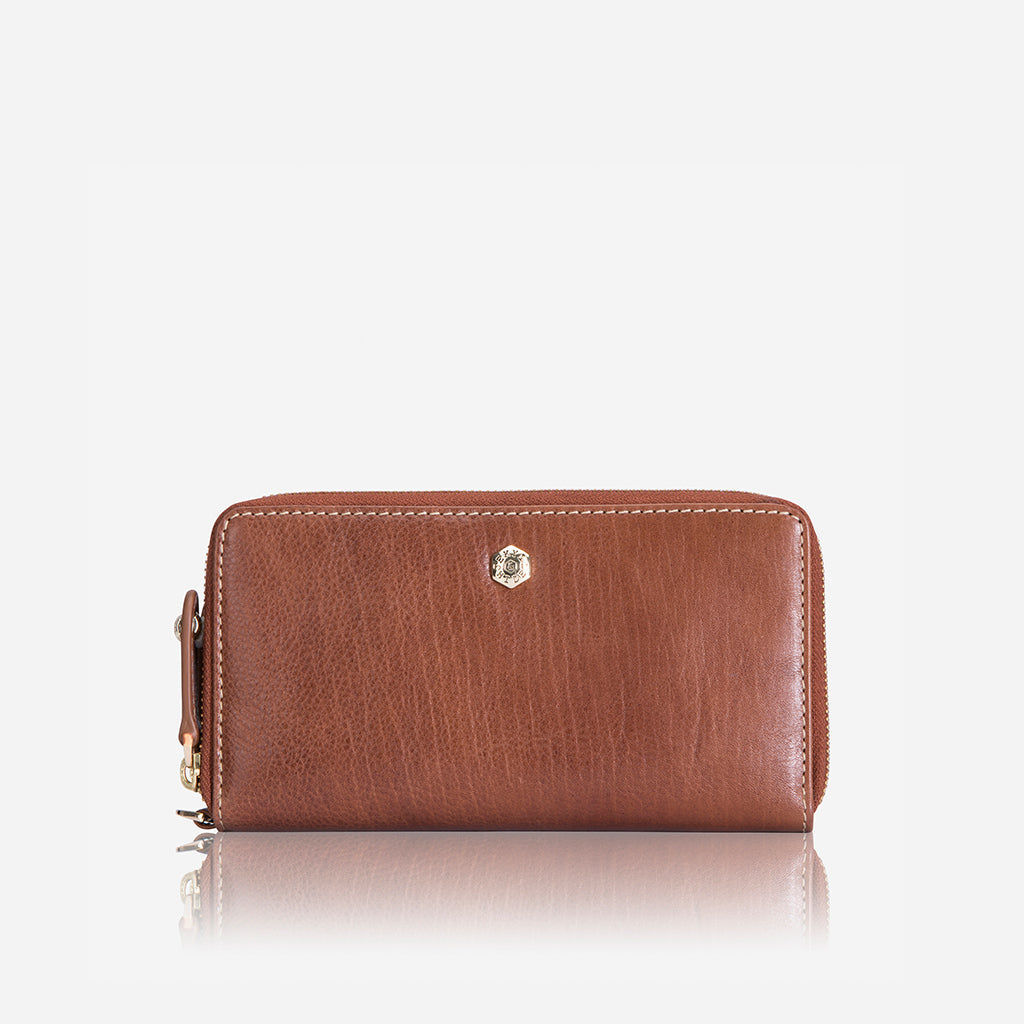 Double Zipper Wristlet Purse in Tan, showcasing its elegant design and double zipper feature.