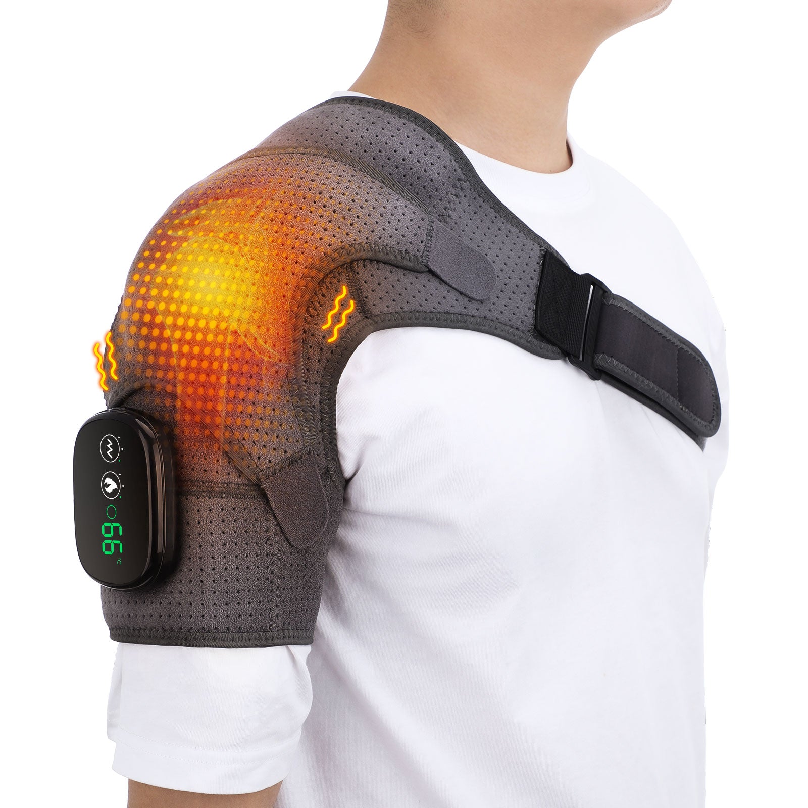 Electric Heating Shoulder Brace with LED display, featuring ergonomic design and vibration massage for pain relief.