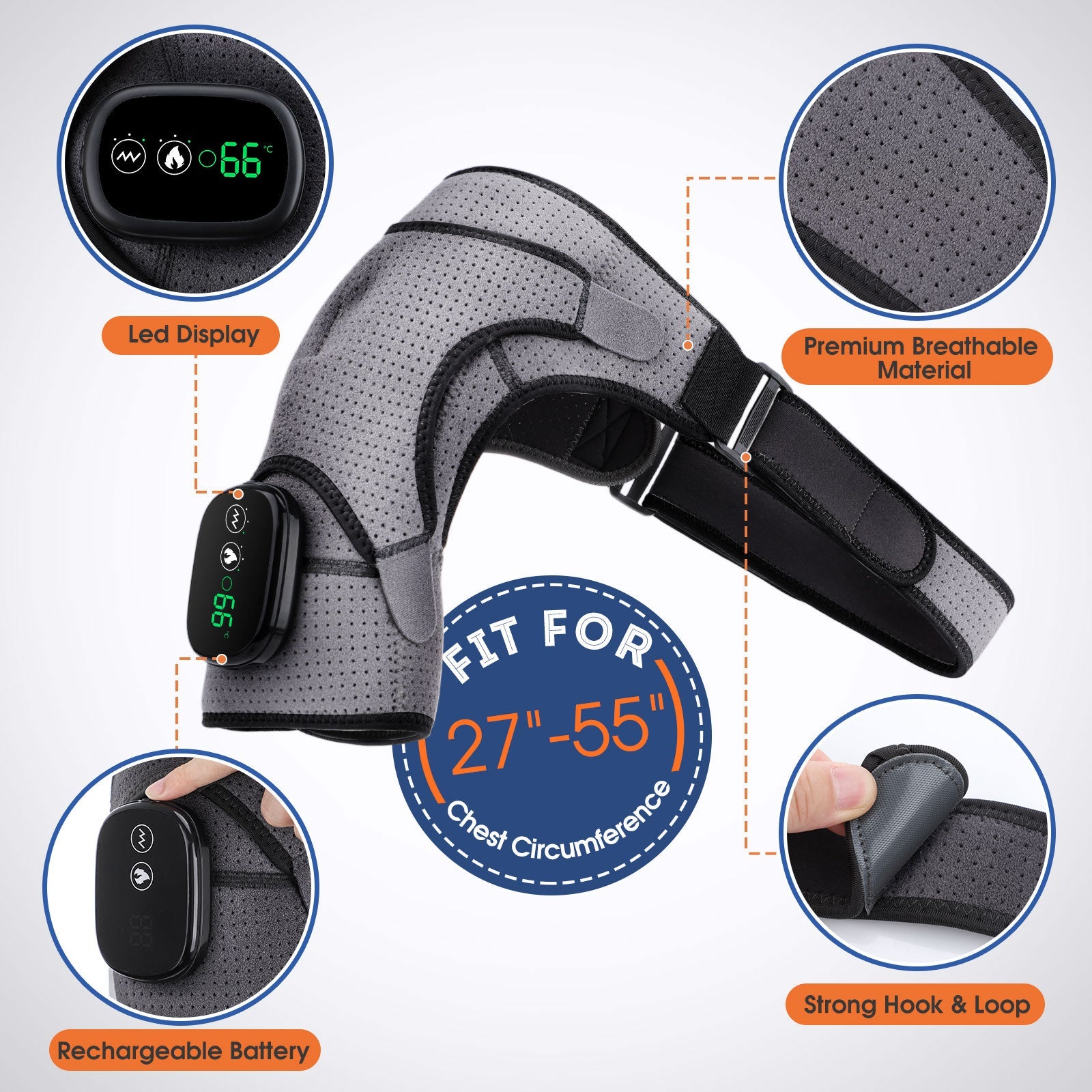 Electric Heating Shoulder Brace with LED display, featuring ergonomic design and vibration massage for pain relief.