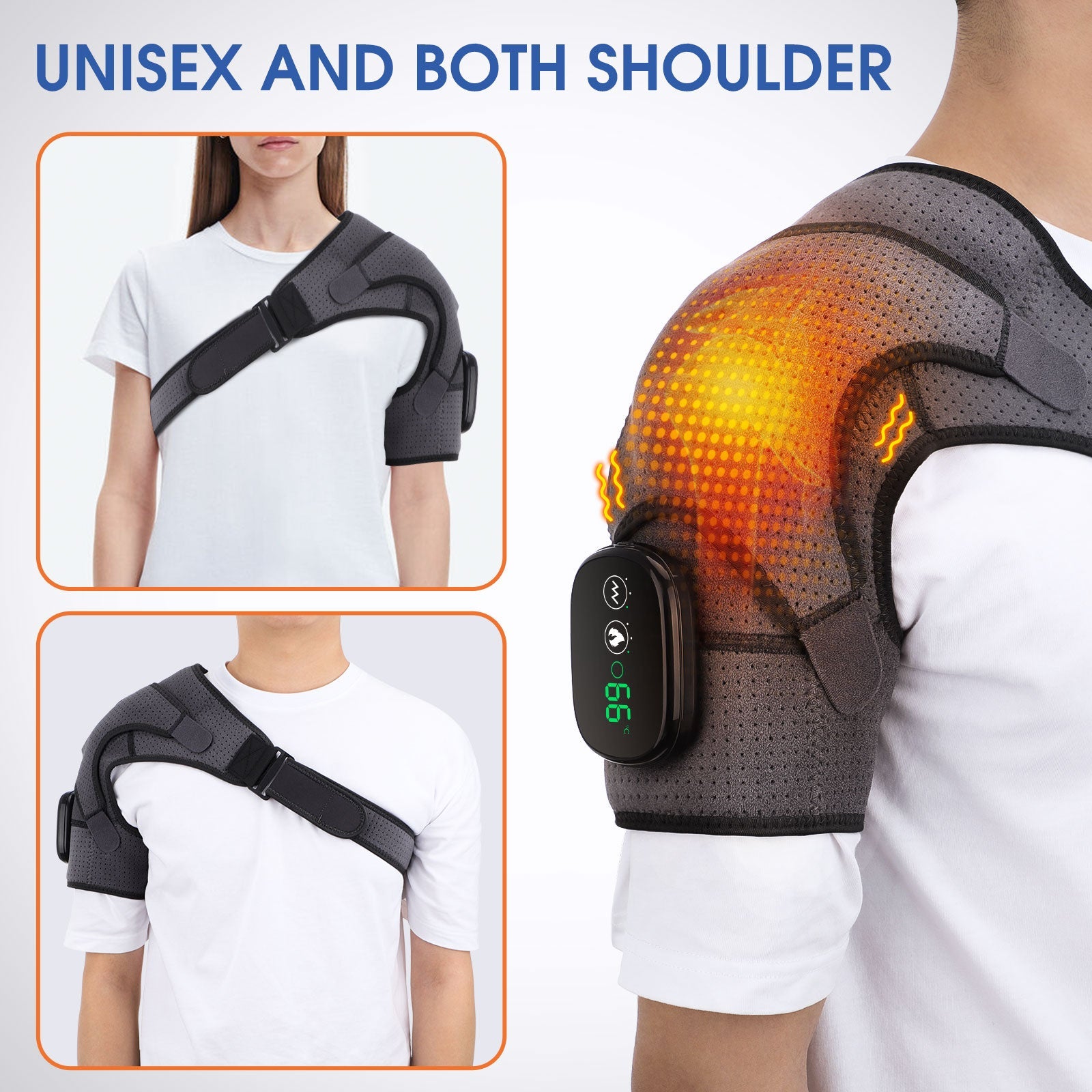 Electric Heating Shoulder Brace with LED display, featuring ergonomic design and vibration massage for pain relief.