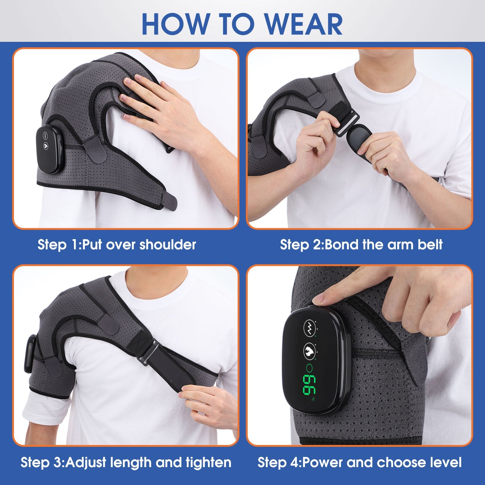 Electric Heating Shoulder Brace with LED display, featuring ergonomic design and vibration massage for pain relief.