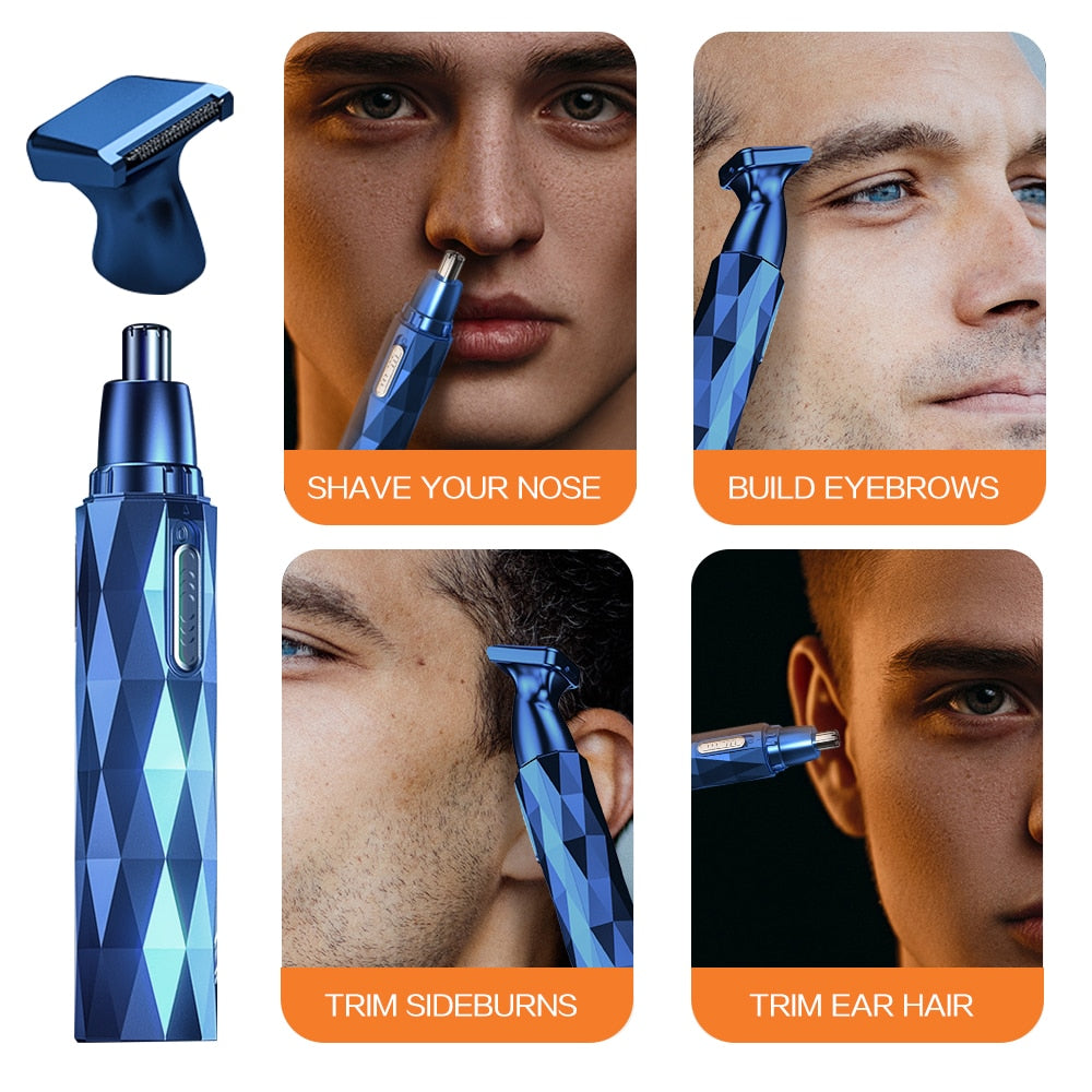 Electric Shaving Nose Ear Trimmer in blue, showcasing its sleek design and multifunctional features for grooming nose, ear, and eyebrow hair.