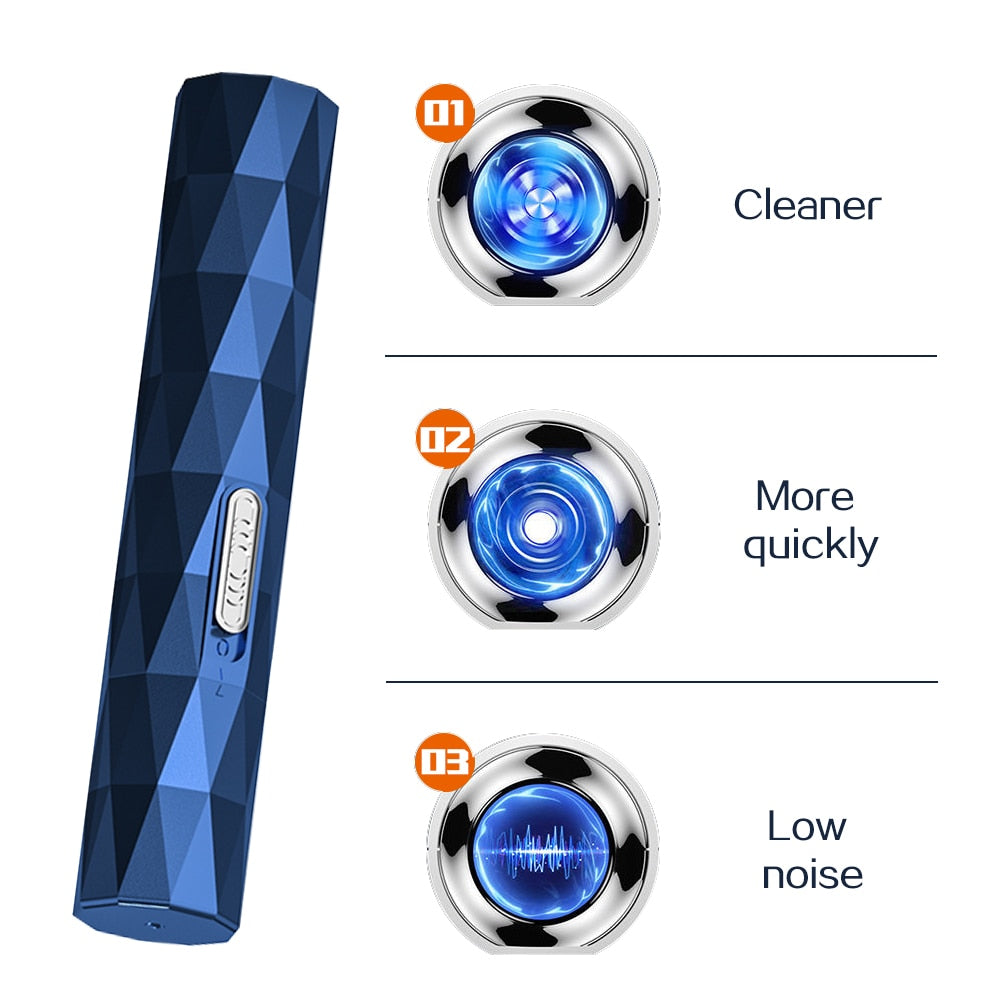 Electric Shaving Nose Ear Trimmer in blue, showcasing its sleek design and multifunctional features for grooming nose, ear, and eyebrow hair.