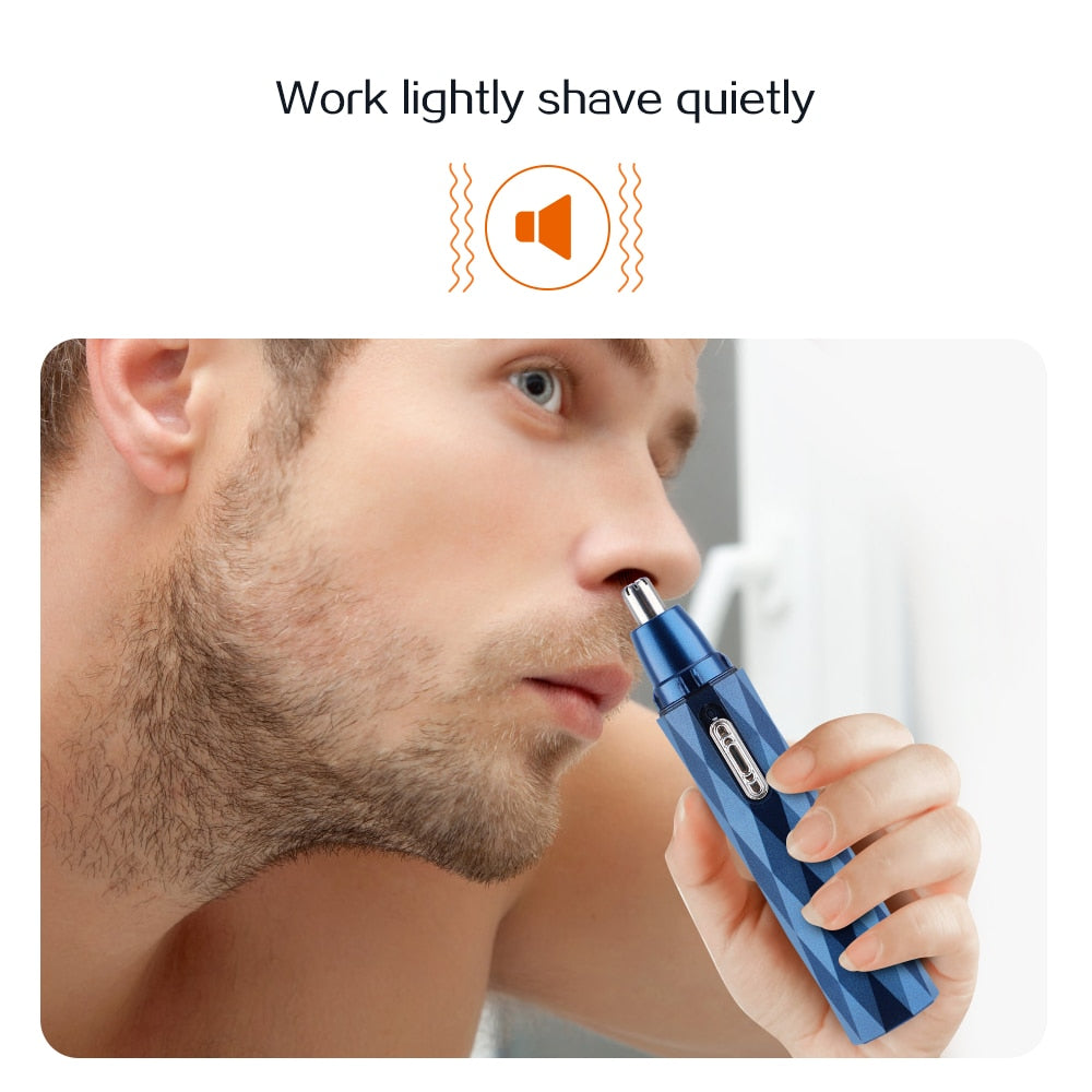 Electric Shaving Nose Ear Trimmer in blue, showcasing its sleek design and multifunctional features for grooming nose, ear, and eyebrow hair.