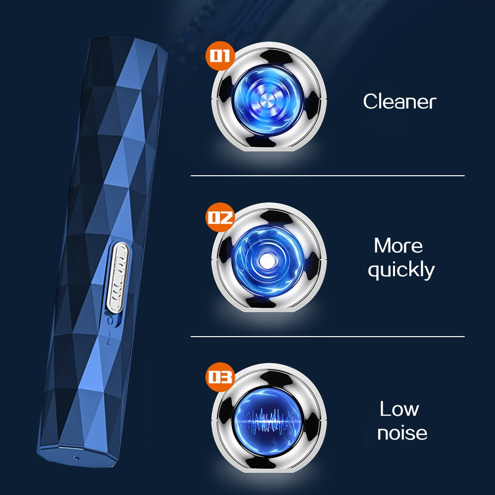 Electric Shaving Nose Ear Trimmer in blue, showcasing its sleek design and multifunctional features for grooming nose, ear, and eyebrow hair.