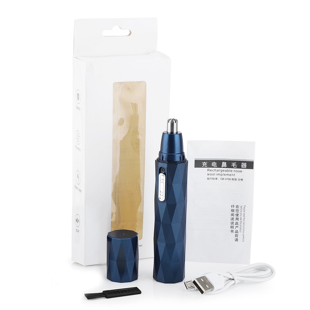 Electric Shaving Nose Ear Trimmer in blue, showcasing its sleek design and multifunctional features for grooming nose, ear, and eyebrow hair.