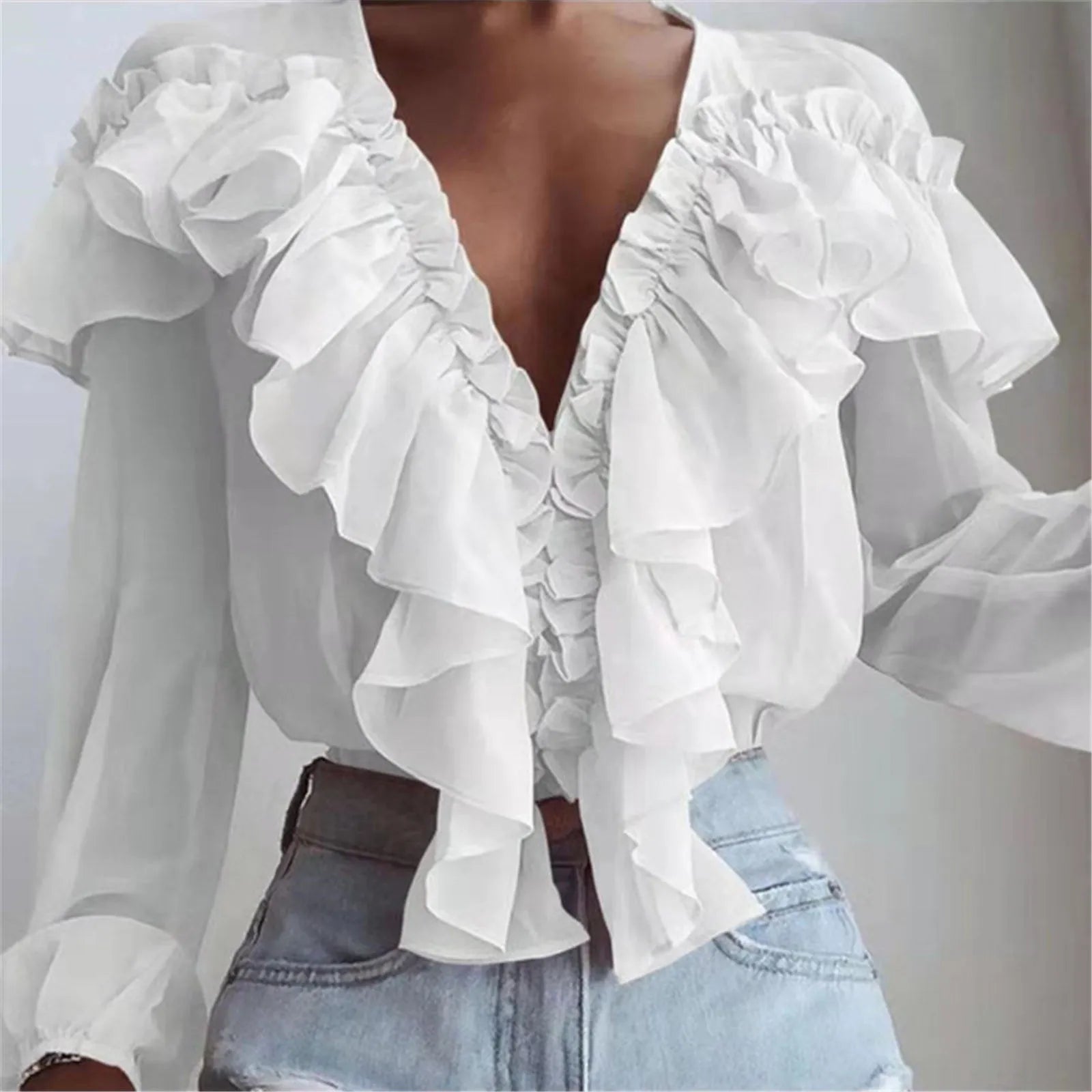 Elegant Ruffles Chiffon Blouse featuring stylish ruffles and a solid pattern, perfect for casual and formal occasions.