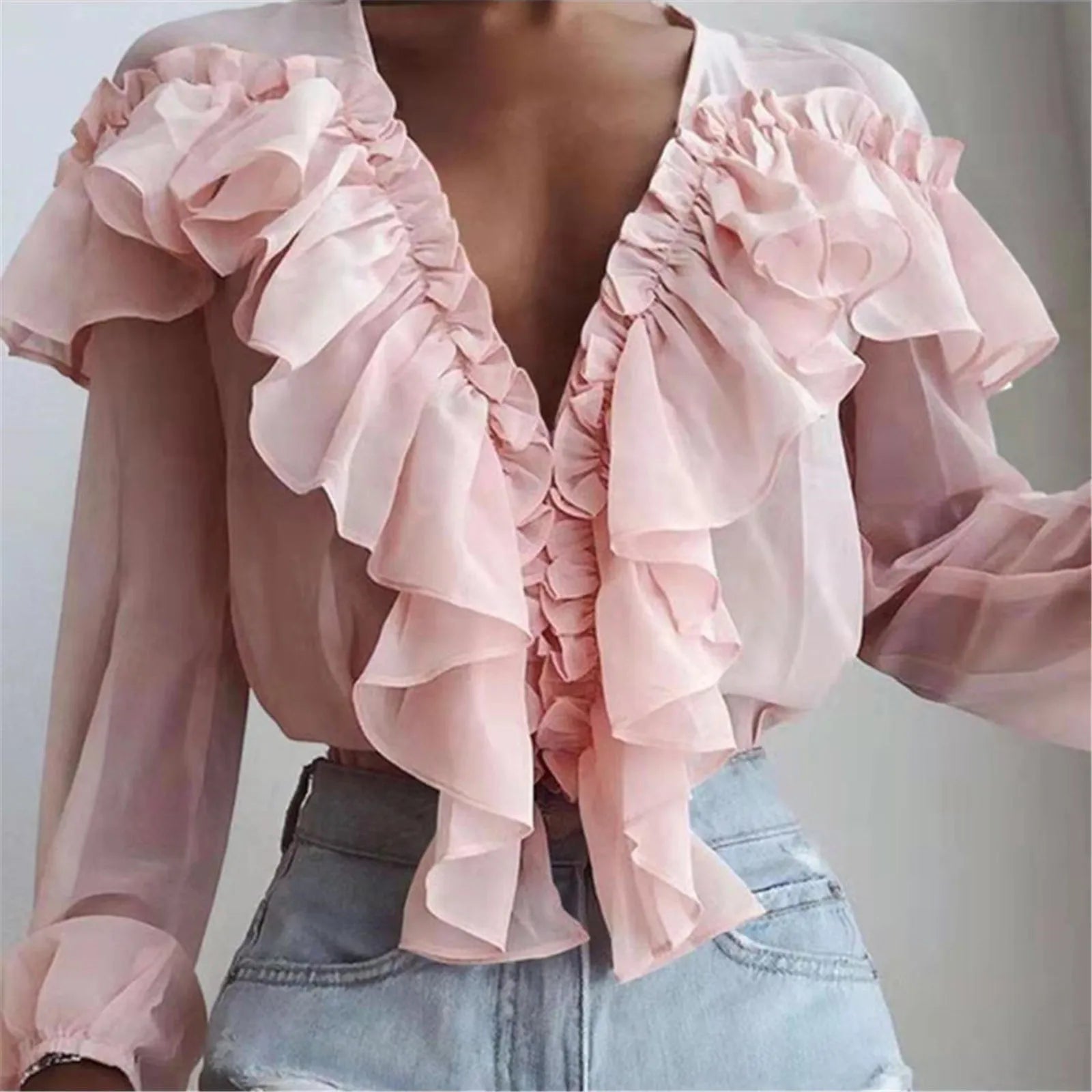 Elegant Ruffles Chiffon Blouse featuring stylish ruffles and a solid pattern, perfect for casual and formal occasions.