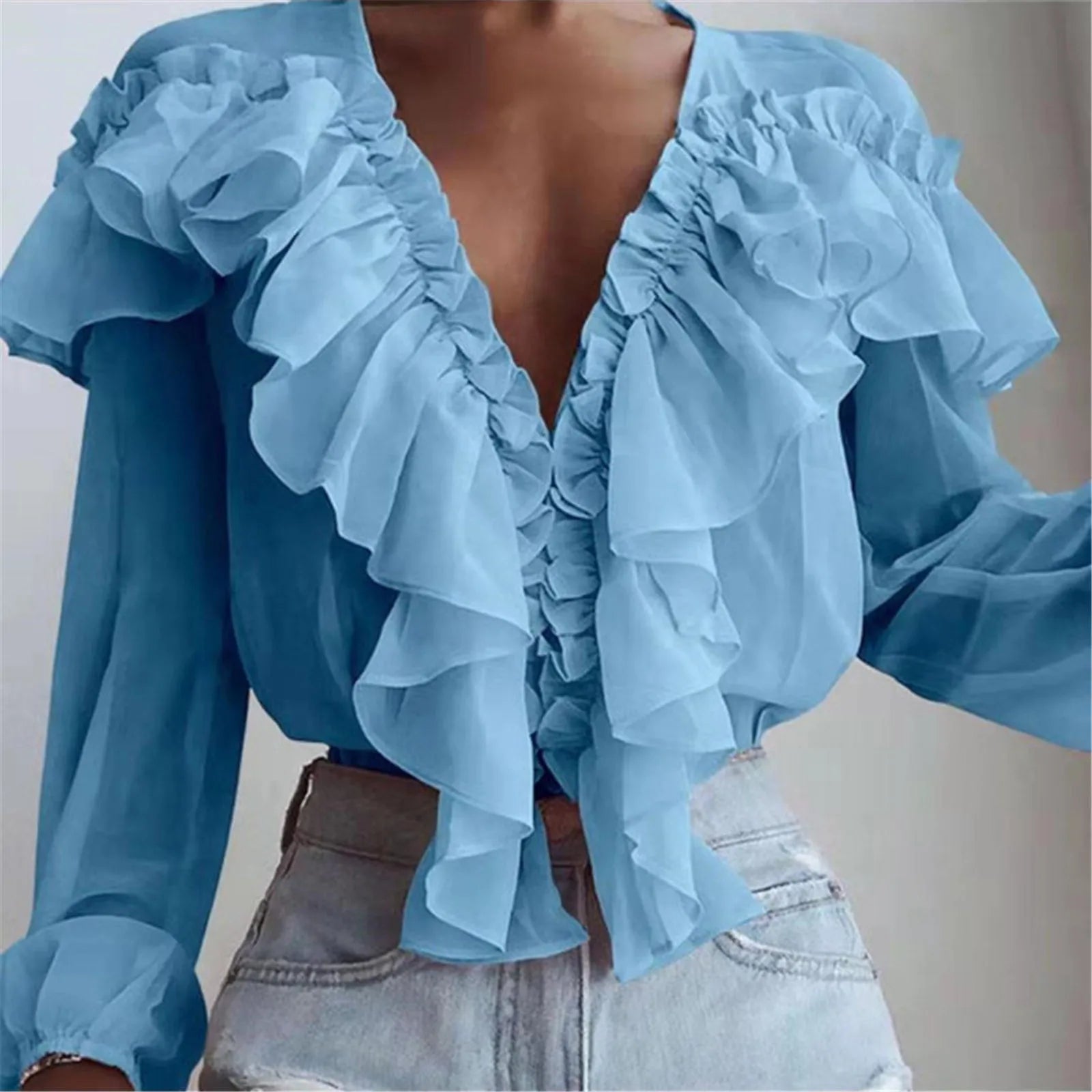 Elegant Ruffles Chiffon Blouse featuring stylish ruffles and a solid pattern, perfect for casual and formal occasions.