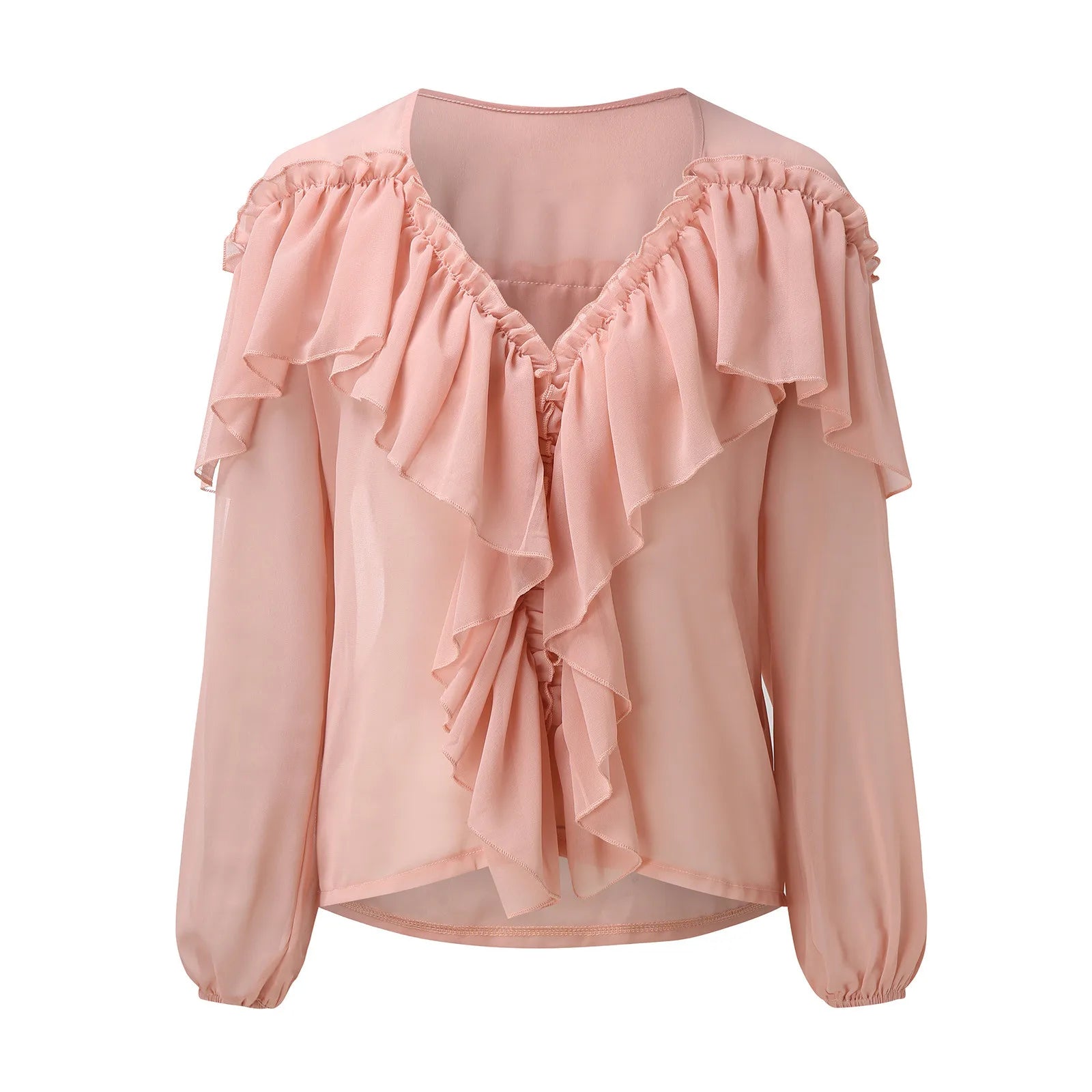 Elegant Ruffles Chiffon Blouse featuring stylish ruffles and a solid pattern, perfect for casual and formal occasions.