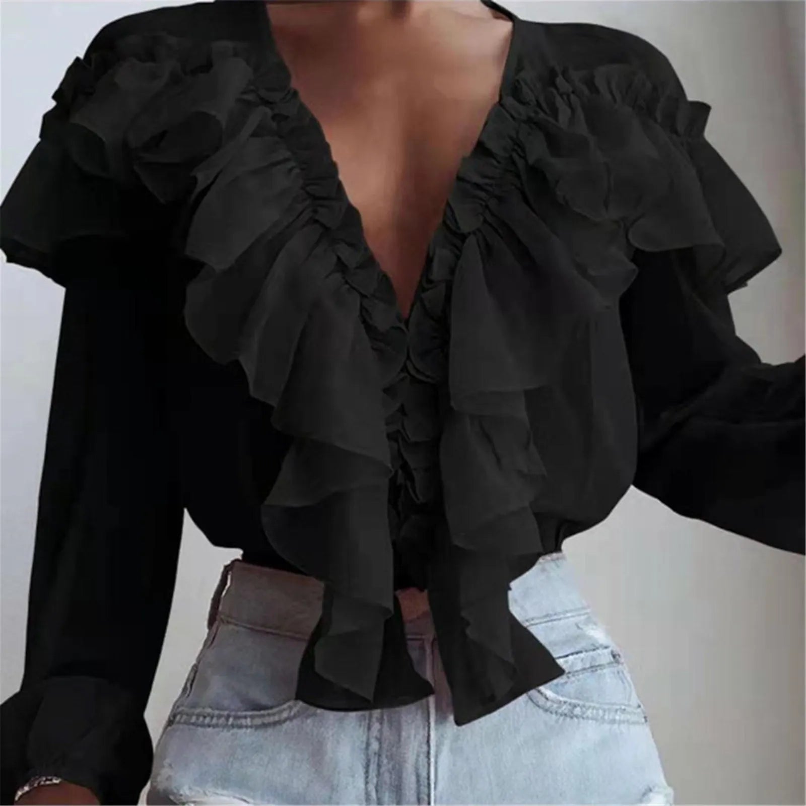 Elegant Ruffles Chiffon Blouse featuring stylish ruffles and a solid pattern, perfect for casual and formal occasions.