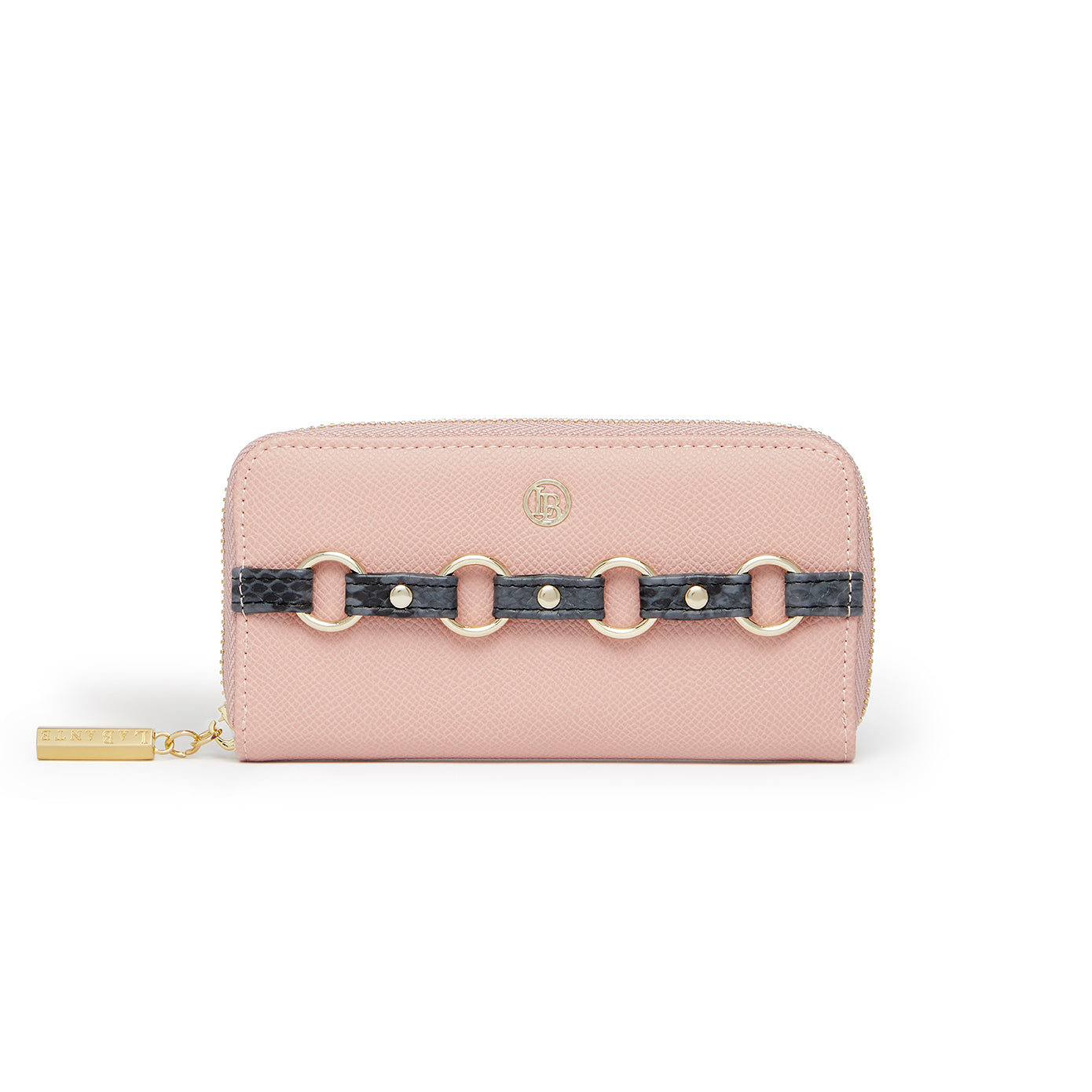 Ellen Pink Zip Around Wallet featuring a textured vegan snake exterior, multiple card slots, and a zip coin compartment.