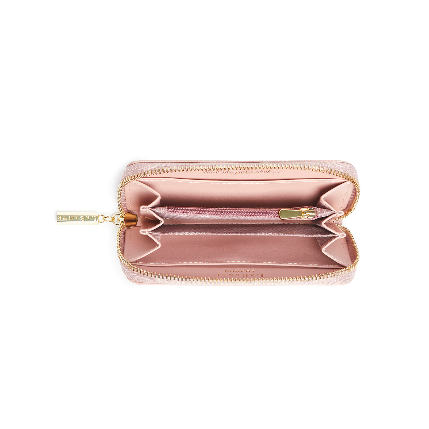 Ellen Pink Zip Around Wallet featuring a textured vegan snake exterior, multiple card slots, and a zip coin compartment.